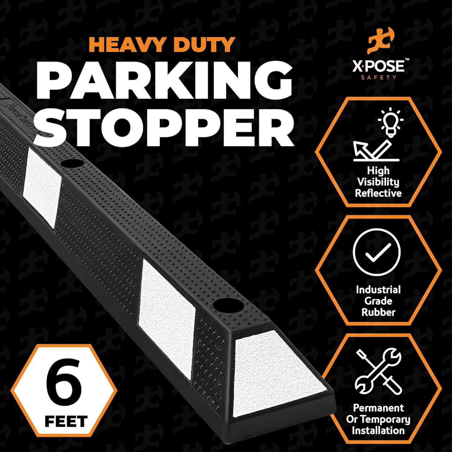 Xpose Safety 72" Heavy Duty Rubber Parking Stopper – Bulk 2 Full Pallets 100 Pack Wheel Blocks for Garage, Driveway, or Ramp – Car Bumper Stop with White Reflective Strips – Removable Floor Mount