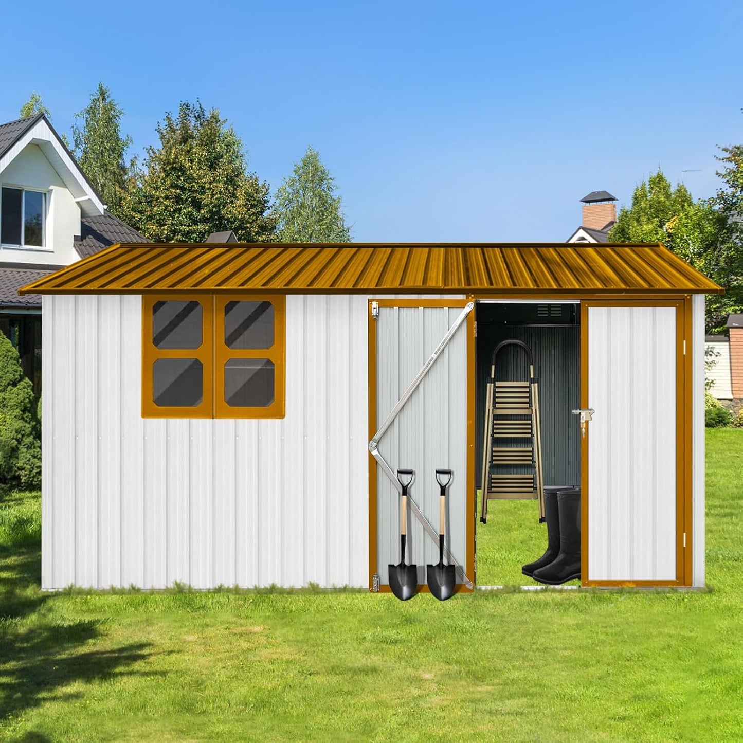 10x12 FT Outdoor Storage Shed, Large Metal Garden Shed with 4-pane Window, Outside Tool Shed with Lockable Hinged Door & 4 Air Vent, Waterproof Storage Building for Backyard, Patio, Lawn, White+Yellow