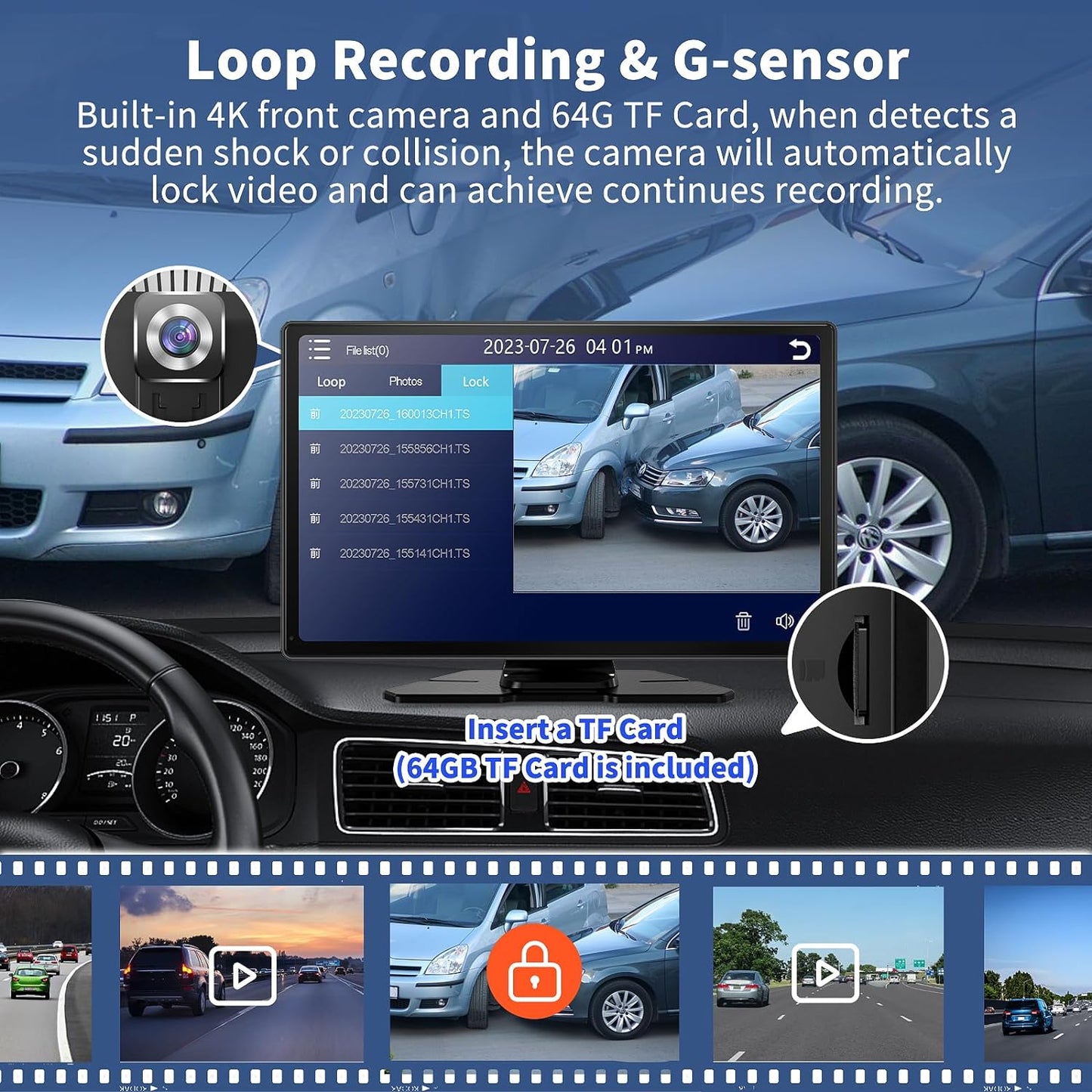 Carplay Screen for Car, 9" Portable Wireless Carplay Screen with 4K Dash Cam, 1080P Backup Camera, Car Stereo for Carplay & Android Auto GPS Navigation/Bluetooth/Mirror Link/Voice Control/AUX/FM/Siri
