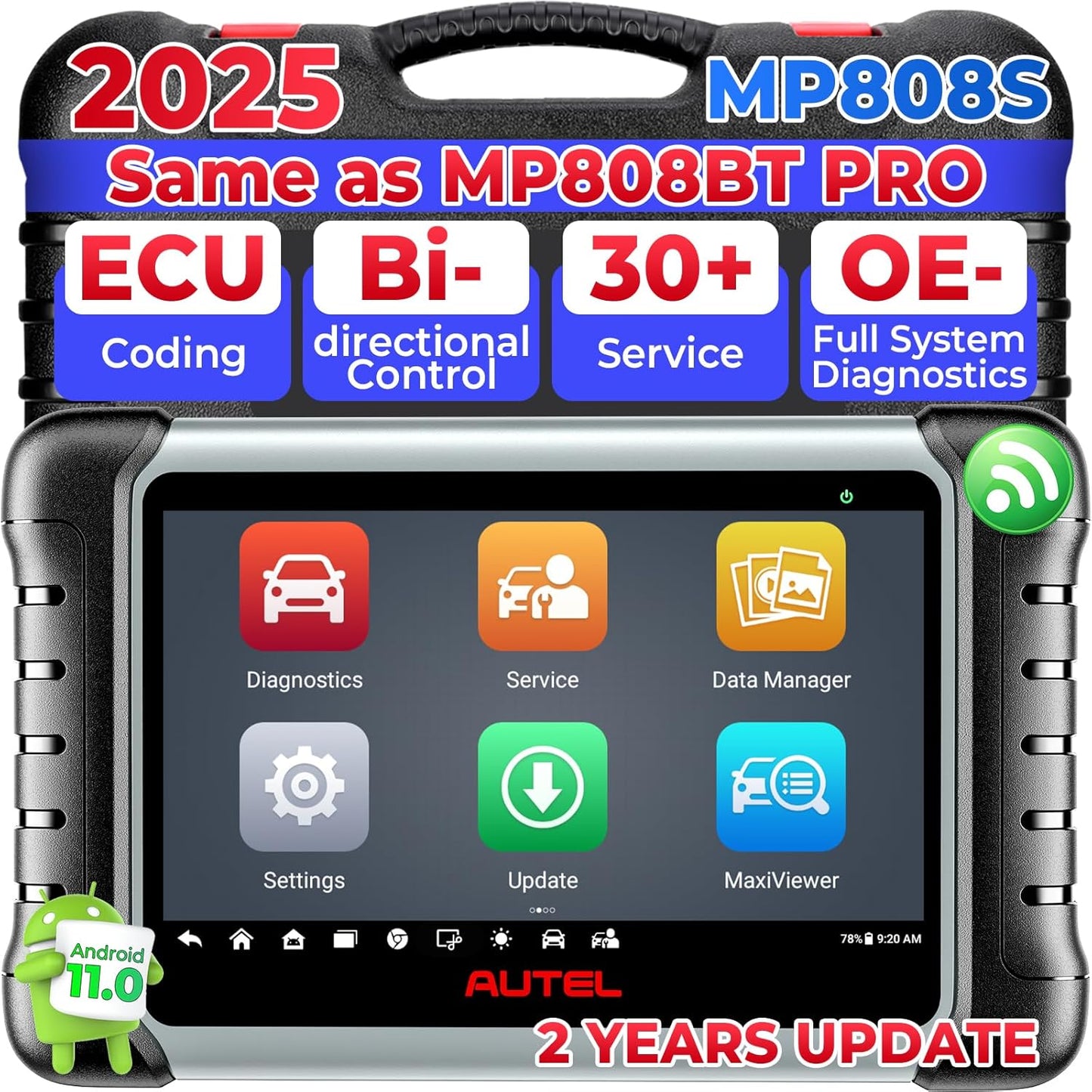 Autel MaxiPRO MP808S Scanner, 2025 2-Year Update MP808S Up of MaxiSys MS906BT MaxiCOM MK900BT MK900 MX900 MP808BT, ECU Coding as MS906 PRO/MAX MP900BT, 3k+ Active Tests, 30+ Resets, FCA SGW, OS 11