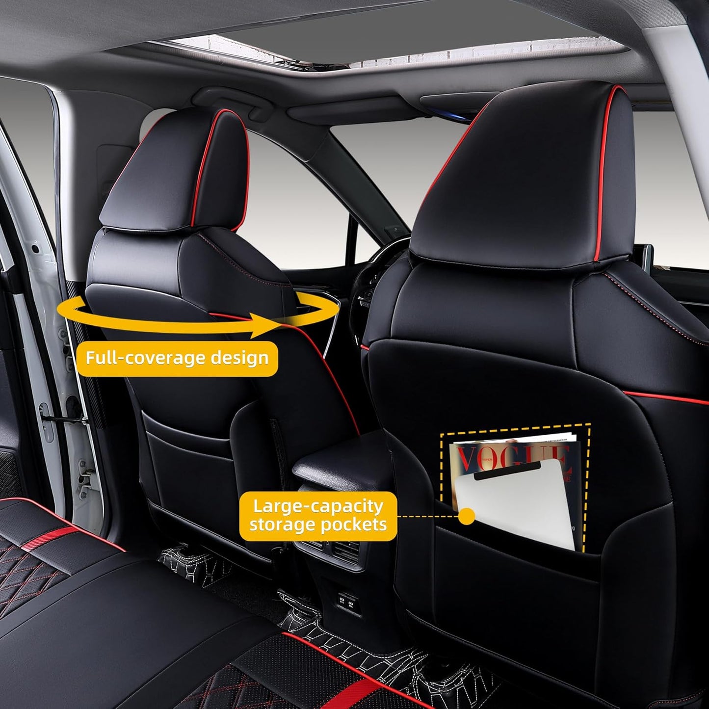 Custom Fit RAV4 Seat Covers for 2019-2025 Toyota RAV4 Hybrid LE,XLE,XLE Premium,Limited Full Coverage Waterproof Leather Car Seat Covers Full Set (Black with Red Trim)