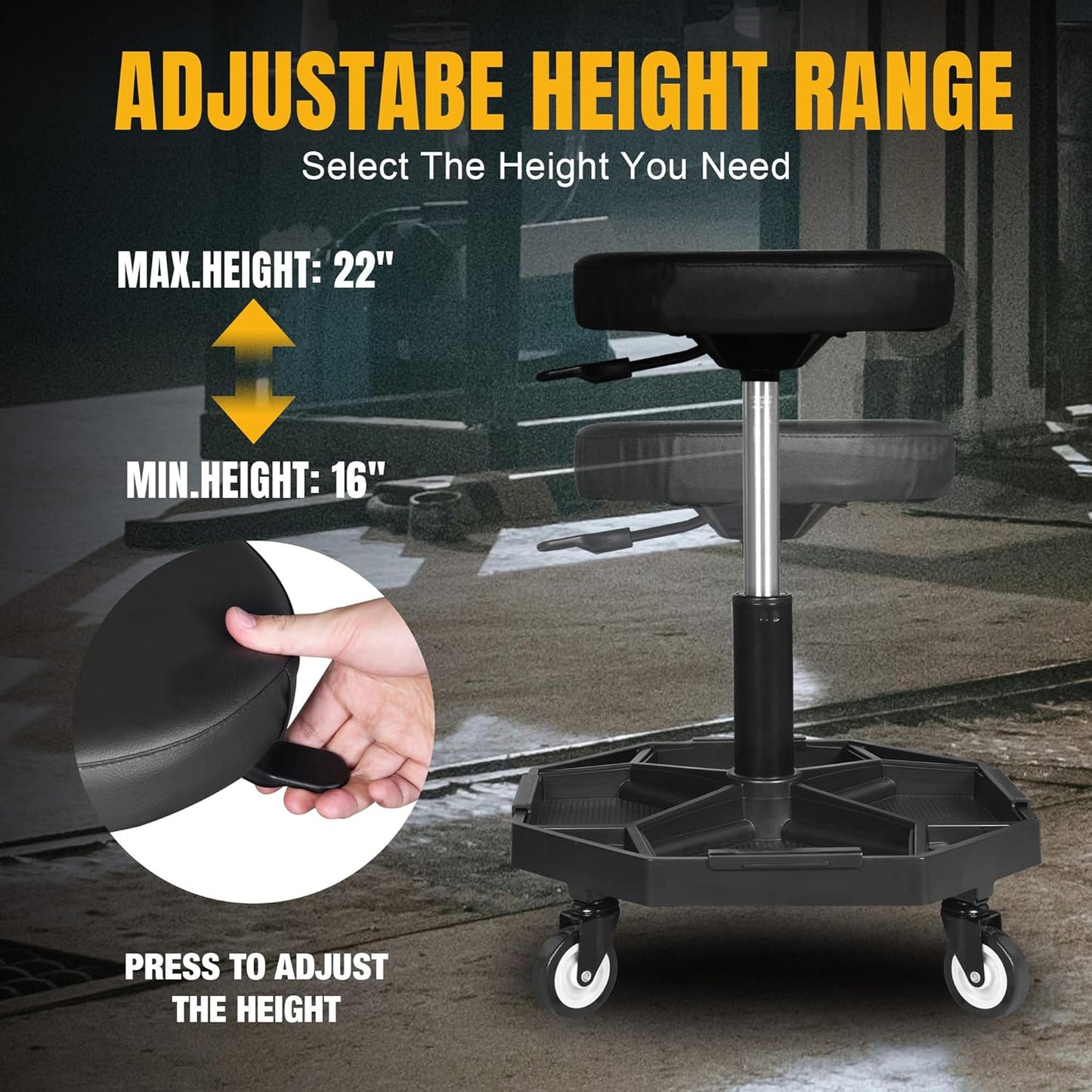 YELLOW JACKET Rolling Garage Seat with Wheels Adjustable Height Pneumatic Mechanic Stool 300Lbs Heavy Duty Shop Creeper Seat with 4 Removable Storage Tool Tray Workshop Chair for Auto Repair