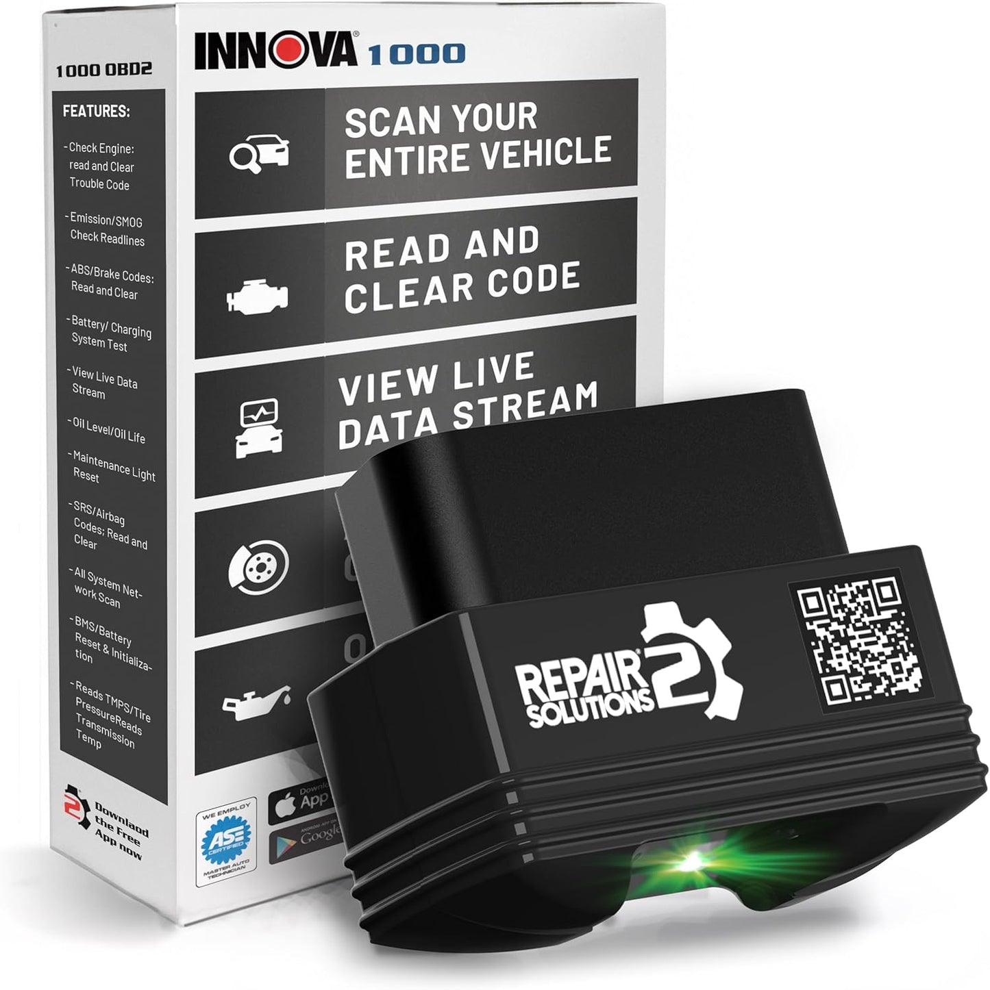 Innova 1000 Bluetooth OBD2 Scanner for iPhone & Android - Predict Car Problems Before They Happen - No Subscriptions - Detect Check Engine, ABS, SRS Issues for Cars 1996+
