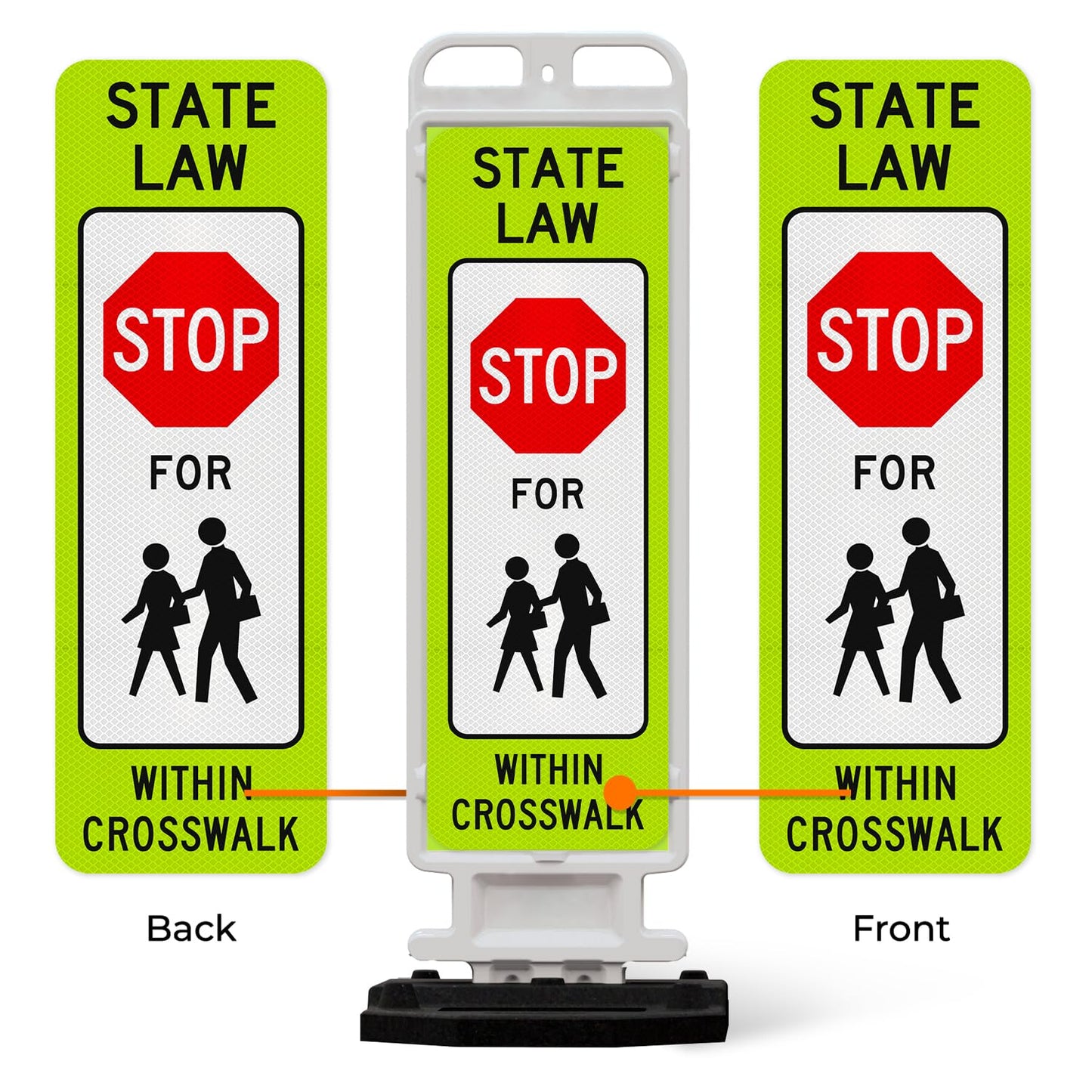 State Law Stop for Pedestrian in Crosswalk MUTCD R1-6a Sign, Double Sided 3M Engineer Grade Reflective, Portable Rubber Base, Impact Resistant Plastic Frame