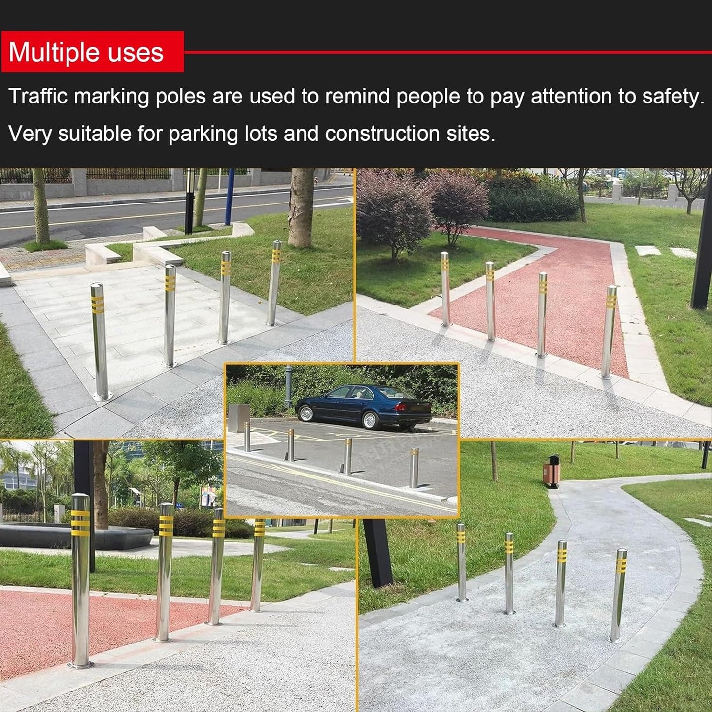 Stainless Steel Parking Bollards for Driveway, Industrial Safety Bollards Reflective Channelizer Post, Parking Barrier, Sturdy and Durable, Easy to Install, for Crowd Control(Silver (4pcs),7.6*60cm/3*
