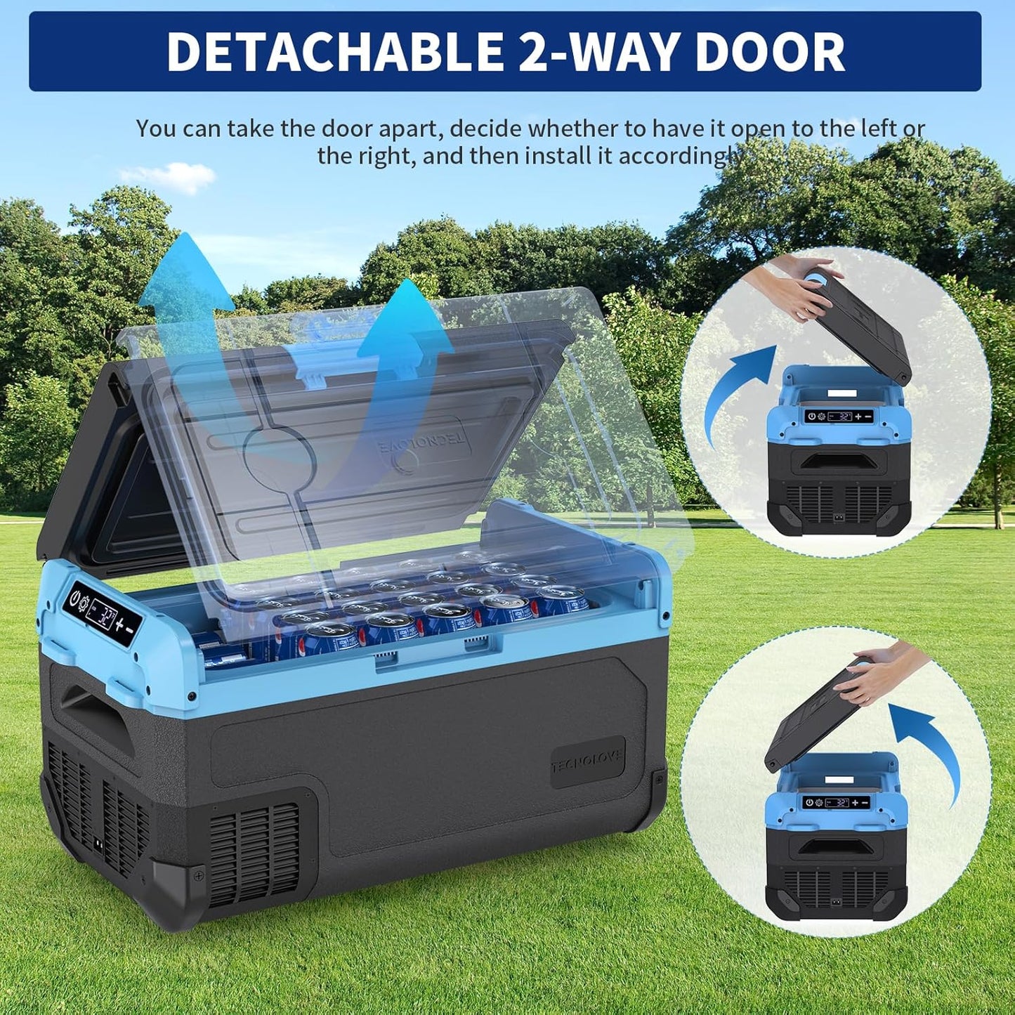 30L Car Refrigerator Freezer, 32QT Single Zone Portable Fridge with Blow Expansion Evaporator, Reversible Door, LED Control, Fast Cooling, 100–240V AC / 12V / 24V DC, -4℉~68℉, Ice Blue