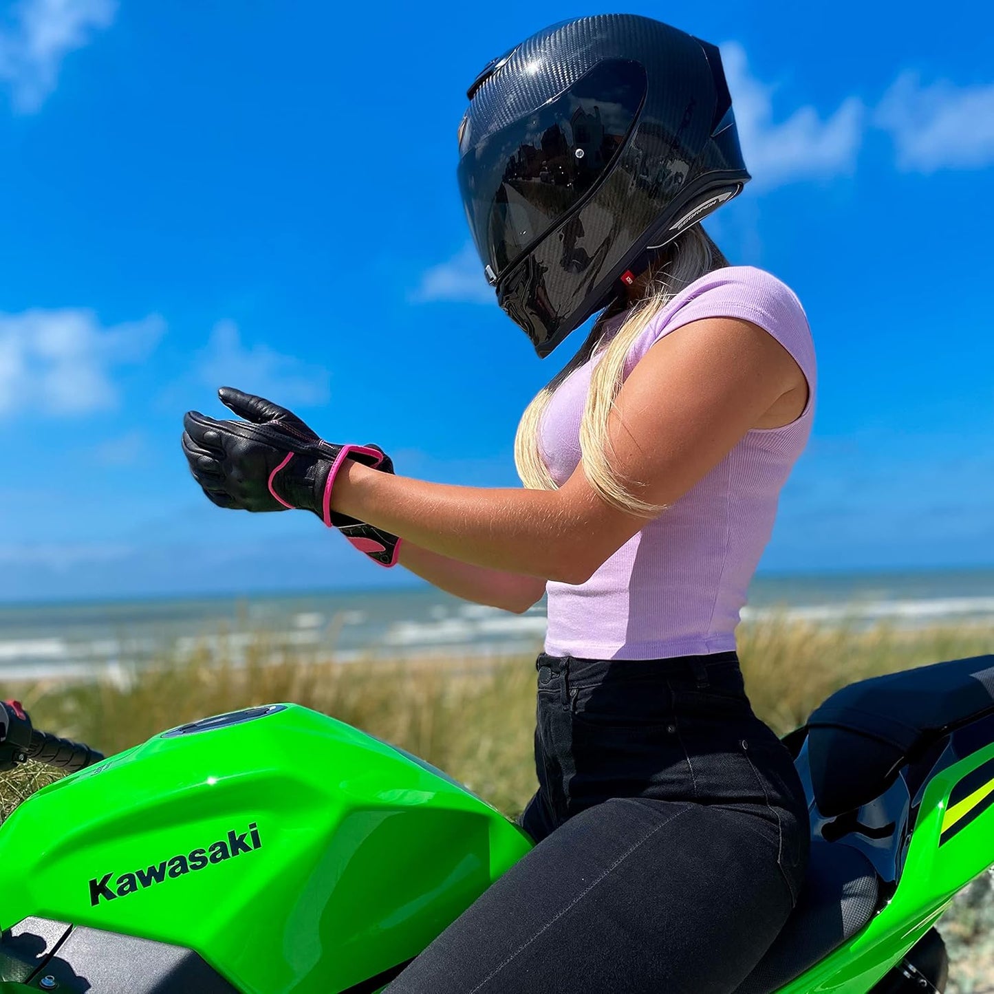 Harssidanzar Women's Motorcycle Gloves,Leather Motorcycle Gloves, Motorbike Gloves, Road Racing, Cycling, Climbing, Powersports Gloves Touchscreen GL016