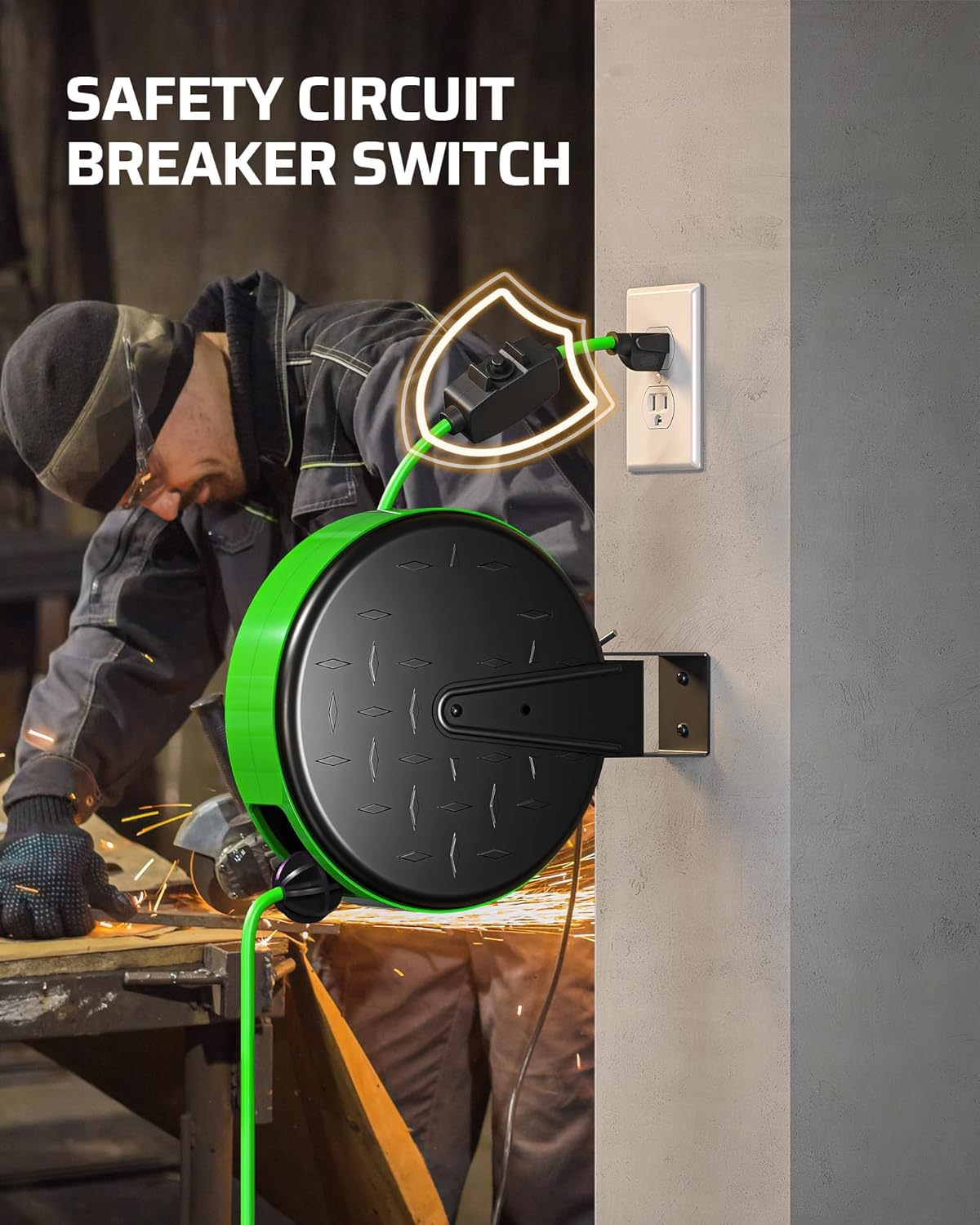 DEWENWILS 30FT Extension Cord Reel, 16/3 Gauge SJTW Power Cord, Retractable Cord Reel with 3 Outlets, Ceiling/Wall Mount for Garage, Workshop, 10A Circuit Breaker, Metal Plate, UL Listed, Green