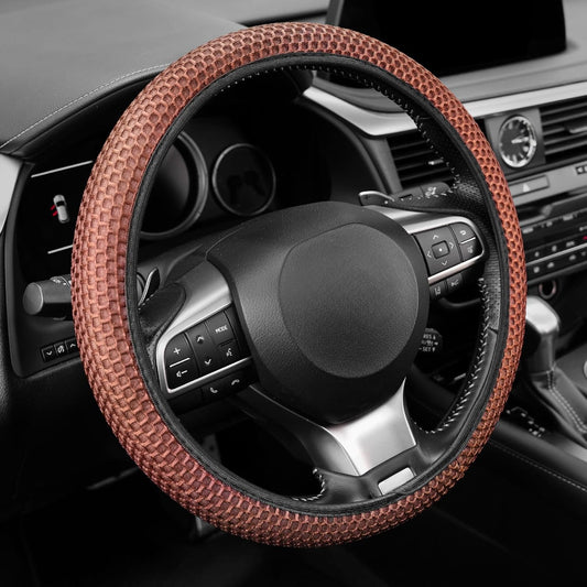 alpmosn Elastic Stretch Steering Wheel Cover, Breathable Microfiber Ice Silk, Anti-Slip, Easy Carry, Universal Interior Accessories Steering Wheel Cover for Women & Men (Brown-Black)
