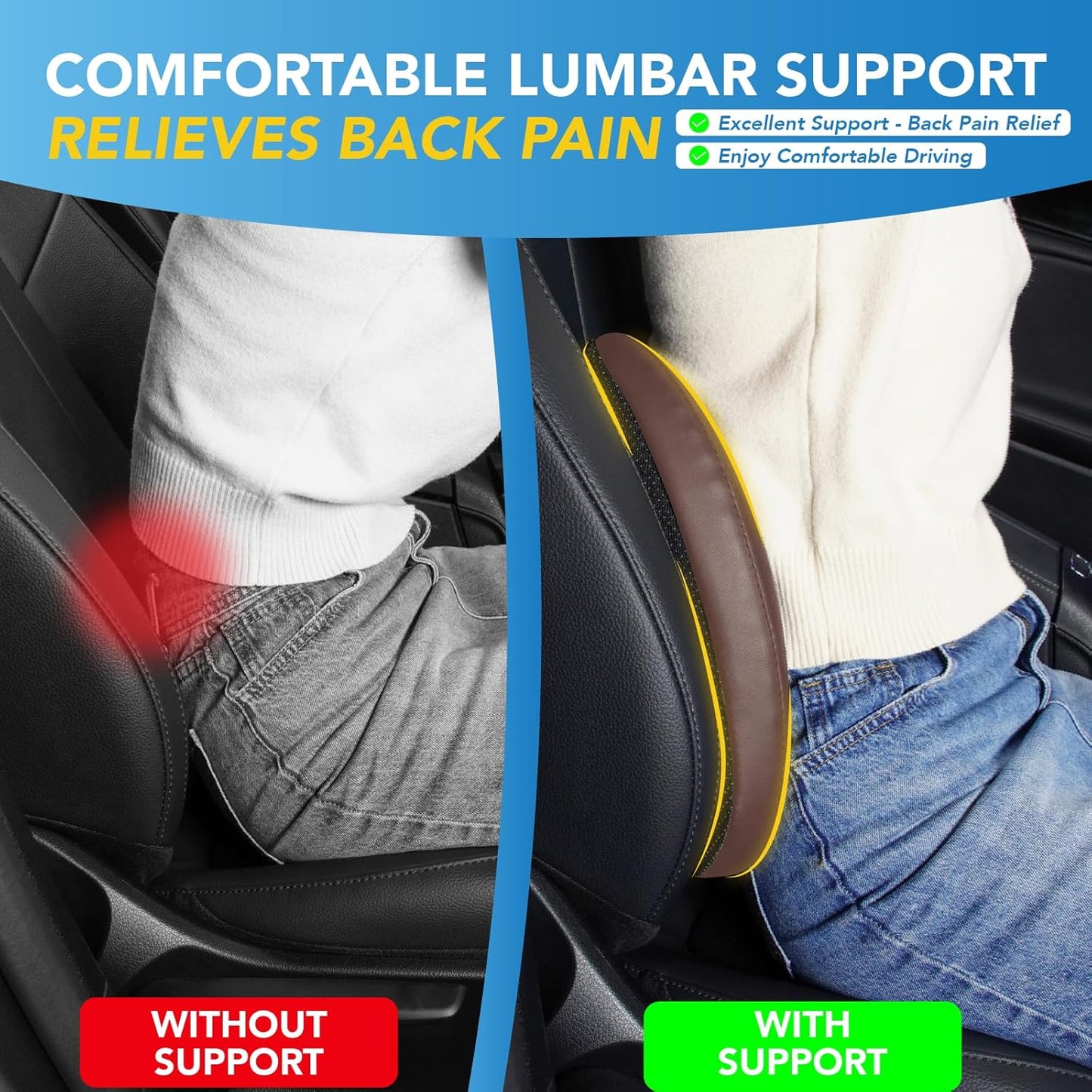 Lumbar Support Pillow for Car, Memory Foam Lumbar Pillow for Lower Back Pain Relief - Back Cushion for Driving, Chair Support for Car-Office Chair, Wheelchair - Brown