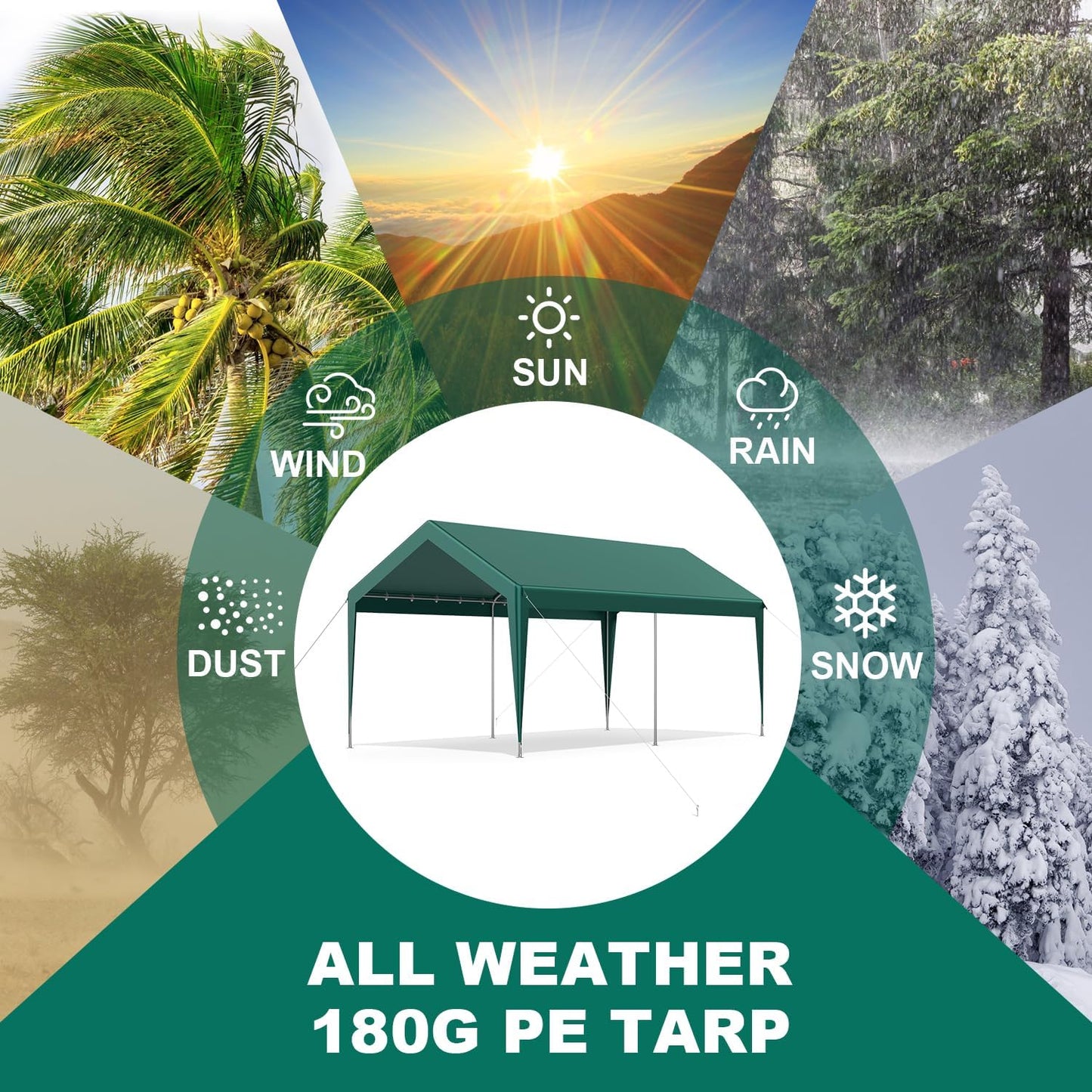 10x20FT Heavy Duty Carport, Portable Car Canopy Garage Boat Shelter Party Tent, UV Resistant Waterproof Carport Canopy with Four Wind-Resistant Ropes, Green