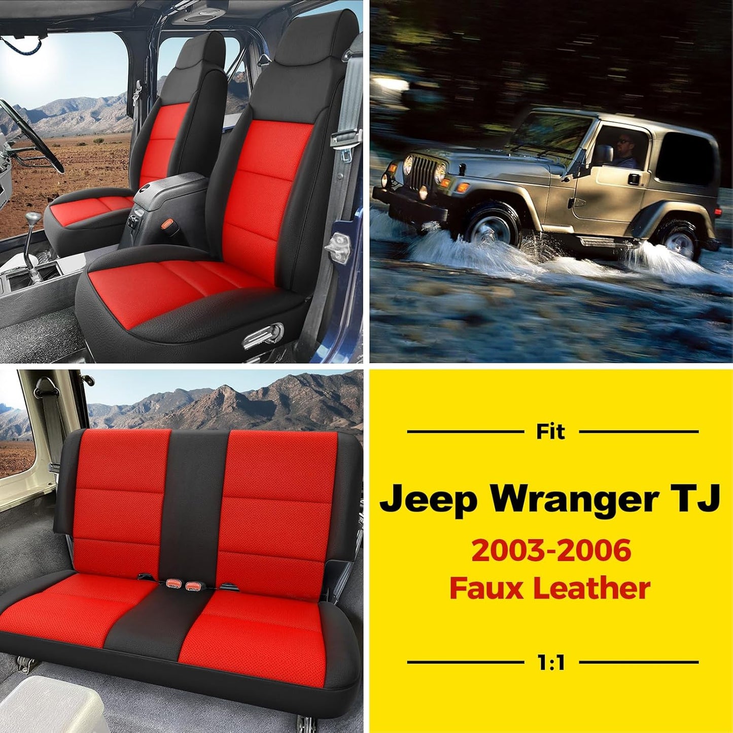 GIANT PANDA Full Set Car Seat Covers Customized Jeep Wrangler TJ Rubicon Sahara Sport X Unlimited 2003 2004 2005 2006, Faux Leather (Black&Red)