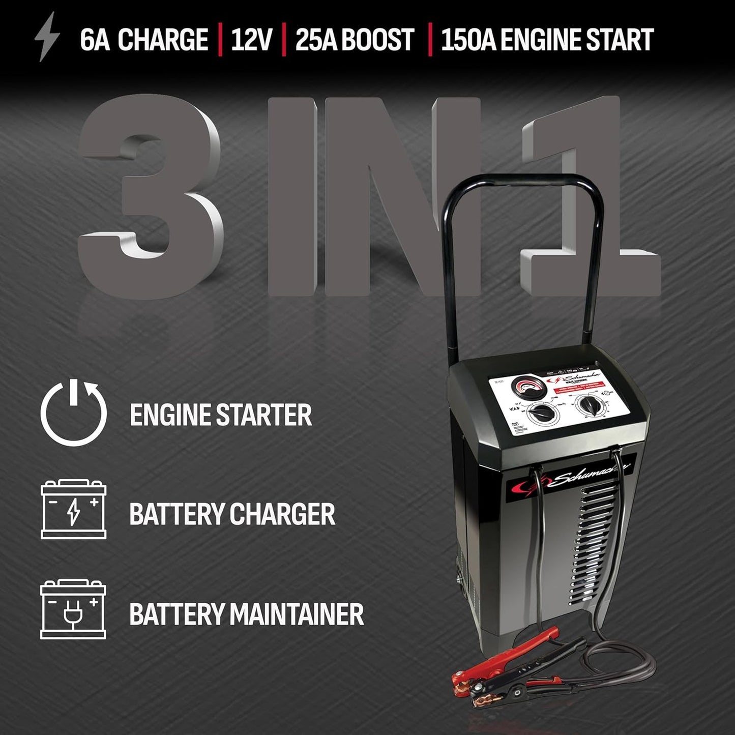 Schumacher Electric Manual Battery Charger & Engine Starter - 12V, 150A with 25A Boost - Heavy Duty Engine Starter & Charger for Standard, AGM, Gel & Deep-Cycle Batteries - 6-Foot Output Cables SC1437