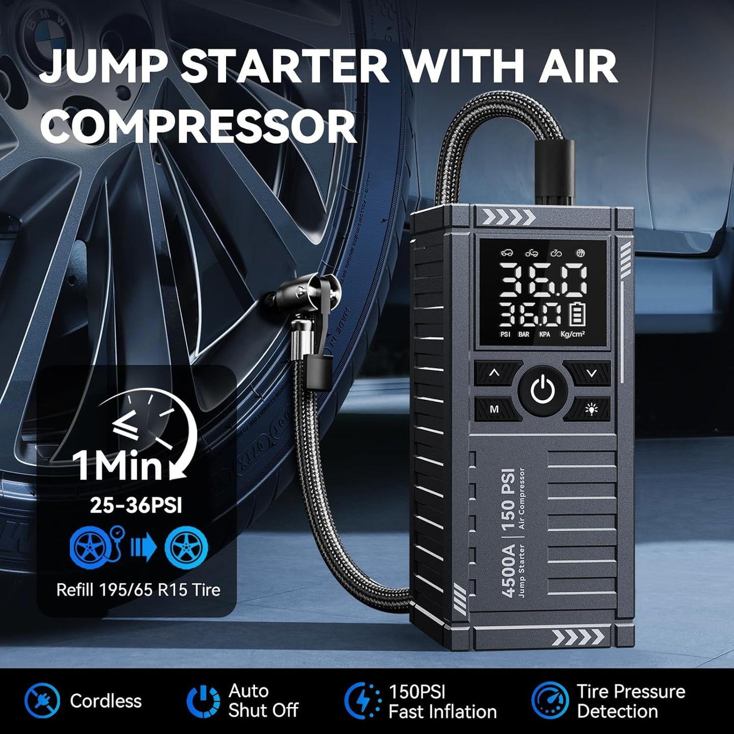 Car Battery Jump Starter with Air Compressor - 4500A 150PSI Portable Car Jump Starters (All Gas/9L Diesel) with Tire Inflator, 12V Car Battery Jump Box with Jumper Cables, LCD Display, LED Light