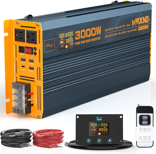 3000W Pure Sine Wave Power Inverter DC 24V to 110V 120V AC with 4 Quick Charging USB Ports& Dual AC Outlets Power Inverters for Vehicles RV Truck Home with LCD Display and Remote Controller