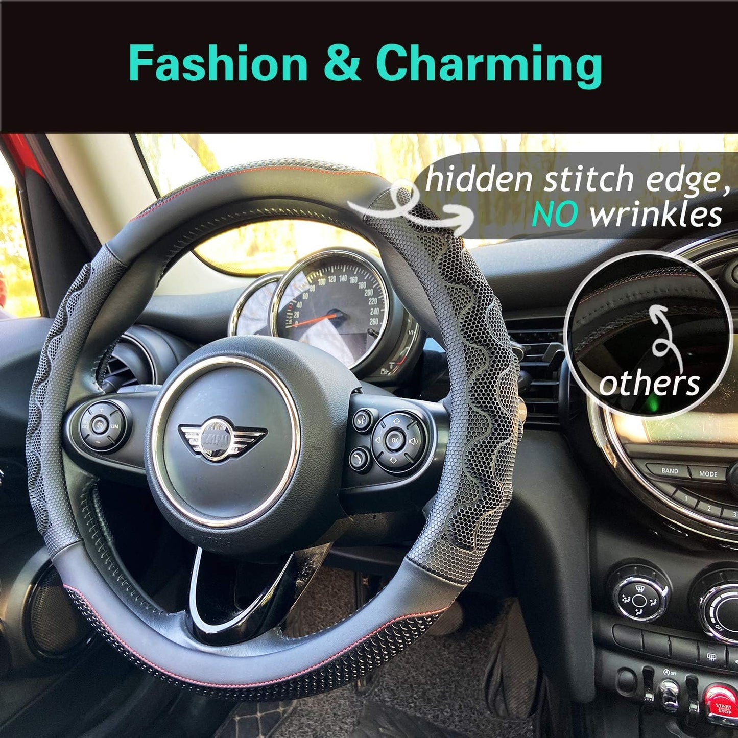 PINCTROT Steering Wheel Cover Great Grip with 3D Honeycomb Anti-Slip Design, Universal 14.5-15 Inch (Black/Red Stitch)