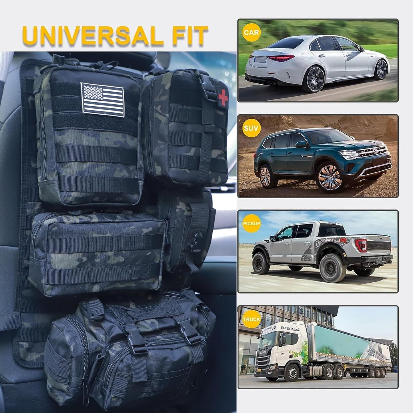 Universal Tactical Seat Back Organizer Vehicle Molle Panel Organizer Storage Bag with 5 Detachable Molle Pouch for All Vehicel Such as Jeep,Truck,SUV, Car, Ford,Chevy etc