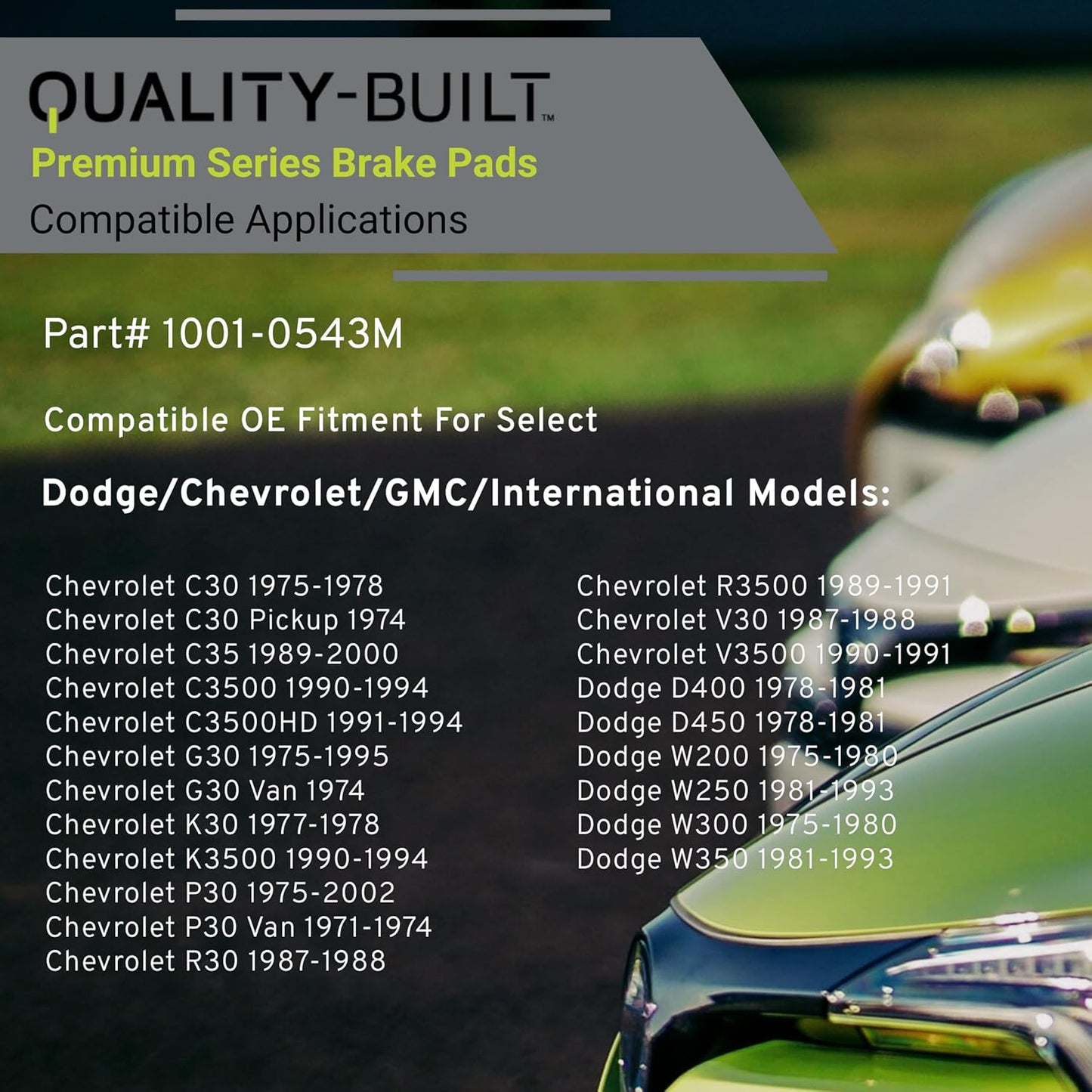 Premium Semi-Metallic Front Brake Pads (1001-0543M) Compatible with 1971-2002 Chevrolet/Dodge/GMC/International (C30 Pickup/C35/C35/C3500/C3500HD/D400/D450/G30/G30 Van/G35/G3500 Van)