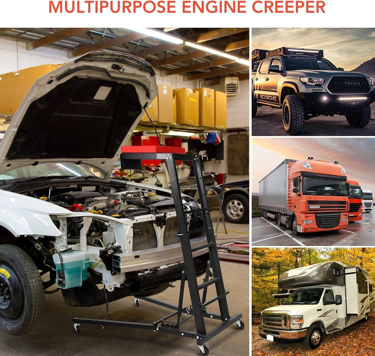 440 Lb Capacity Heavy Duty Topside Automotive Creeper, Adjustable Height 48"-66" with 4 Swivel Casters for Truck, Garage, Auto Repair & Maintenance