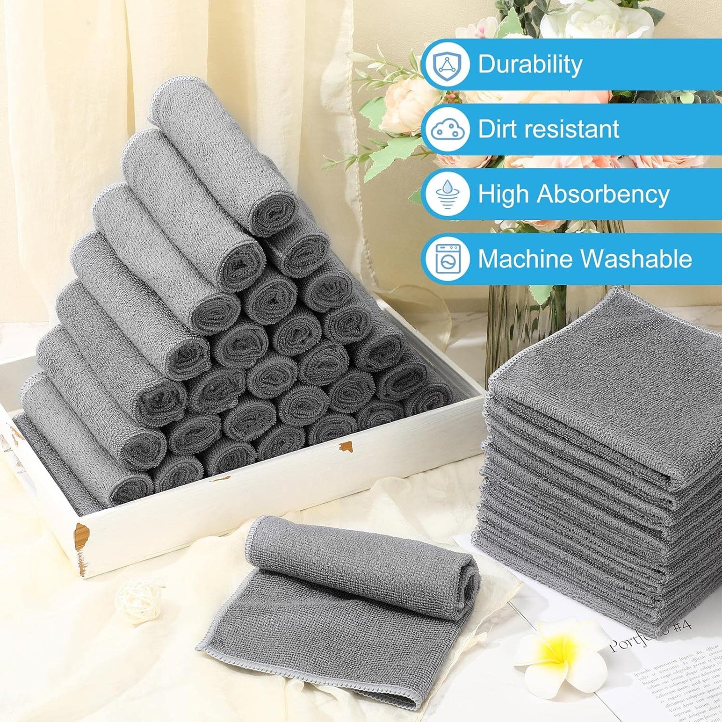 Tenare 100 Pack 12'' x 12'' Microfiber Cleaning Cloths Reusable Cleaning Rags Bulk Microfiber Towels Softer Highly Absorbent Washcloths for House Kitchen Car Window(Gray)