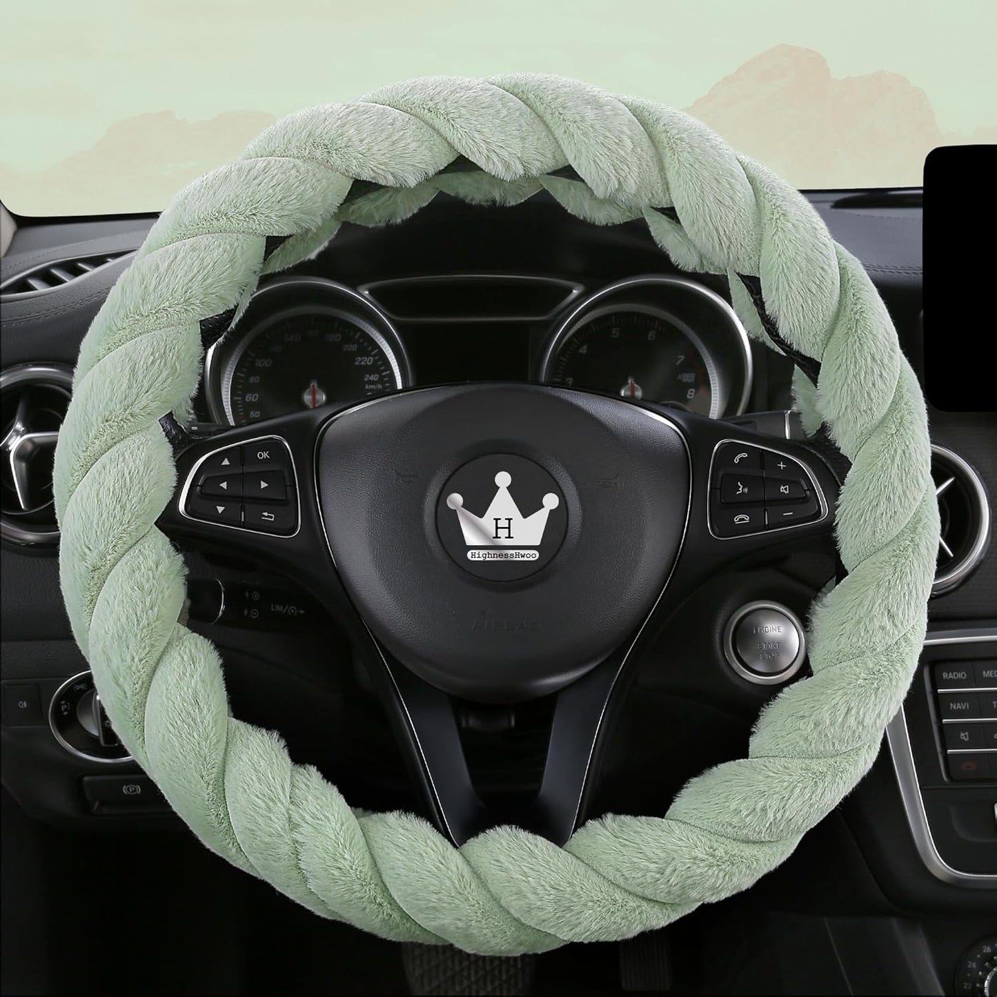 Luxury Fluffy Winter Car Steering Wheel Cover for Women Soft Warm Plush Cute Auto Accessories for Vehicle, Sedan, Universal, Fuzzy, Anti Slip, Green, Standard Size, 14.75-15.15"