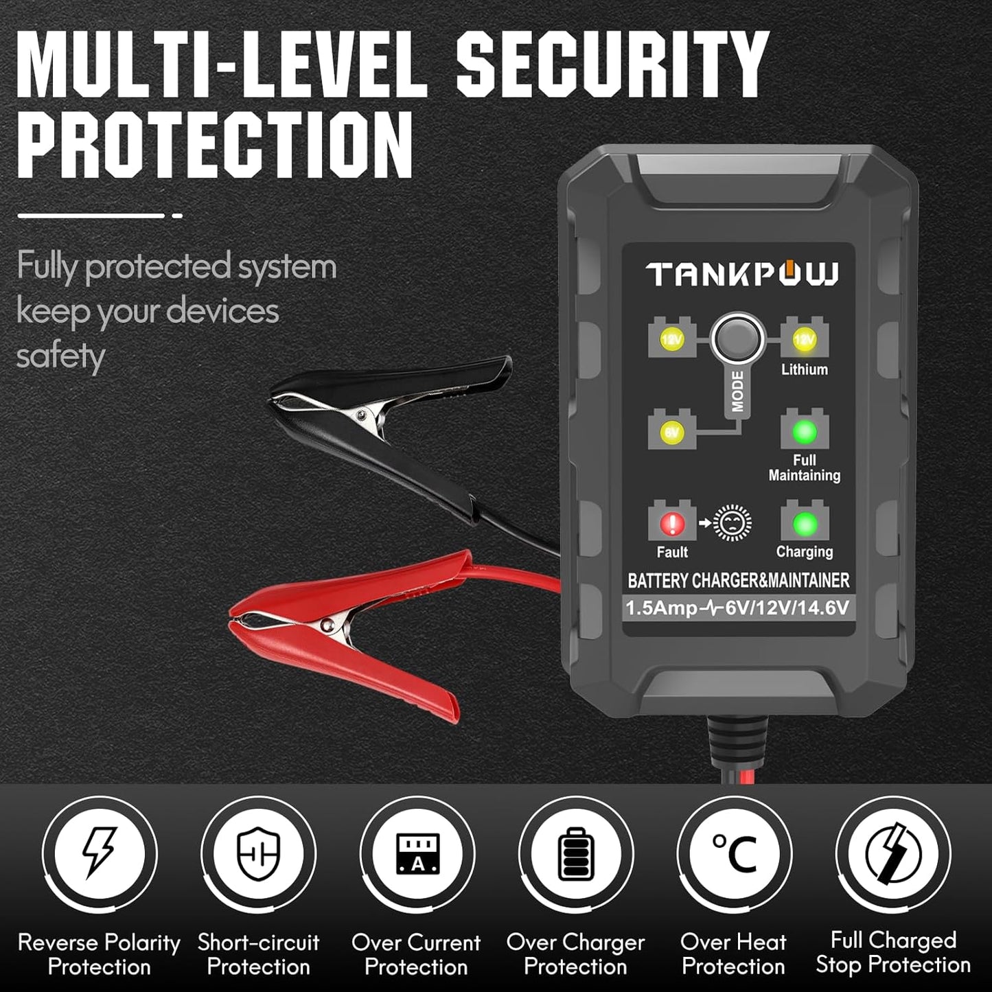 1.5-Amp Smart Car Battery Charger,6V and 12V Automotive Battery Charger Battery Maintainer,Trickle Charger,Float Charger for Cars,Motorcycle,ATV,AGM,Gel,Lithium and Deep Cycle Batteries