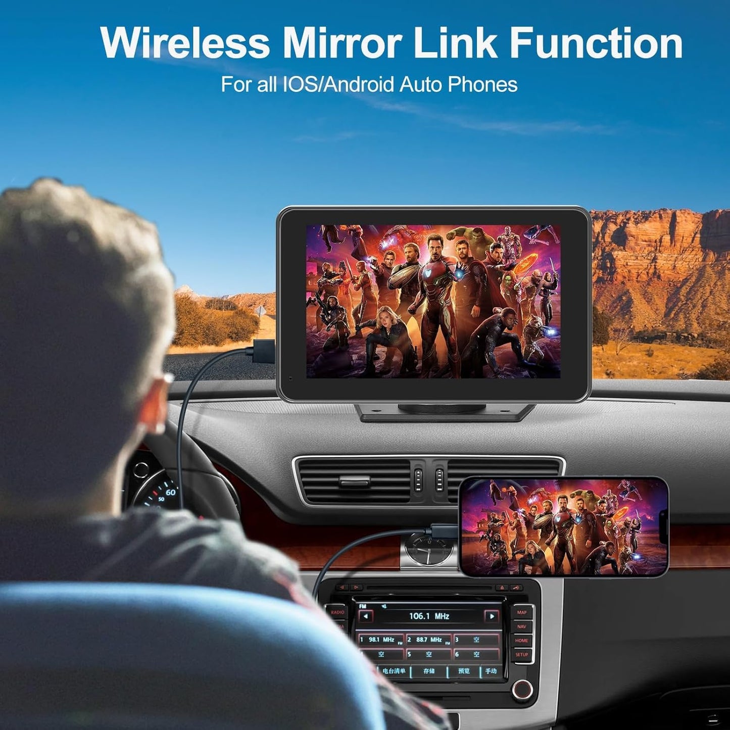 Portable Apple Carplay/Android Auto Screen for Car, 7 Inch HD Touch Screen Wireless Car Play with Backup Camera, Voice Control, BT, FM, Mirror Link for All Vehicle