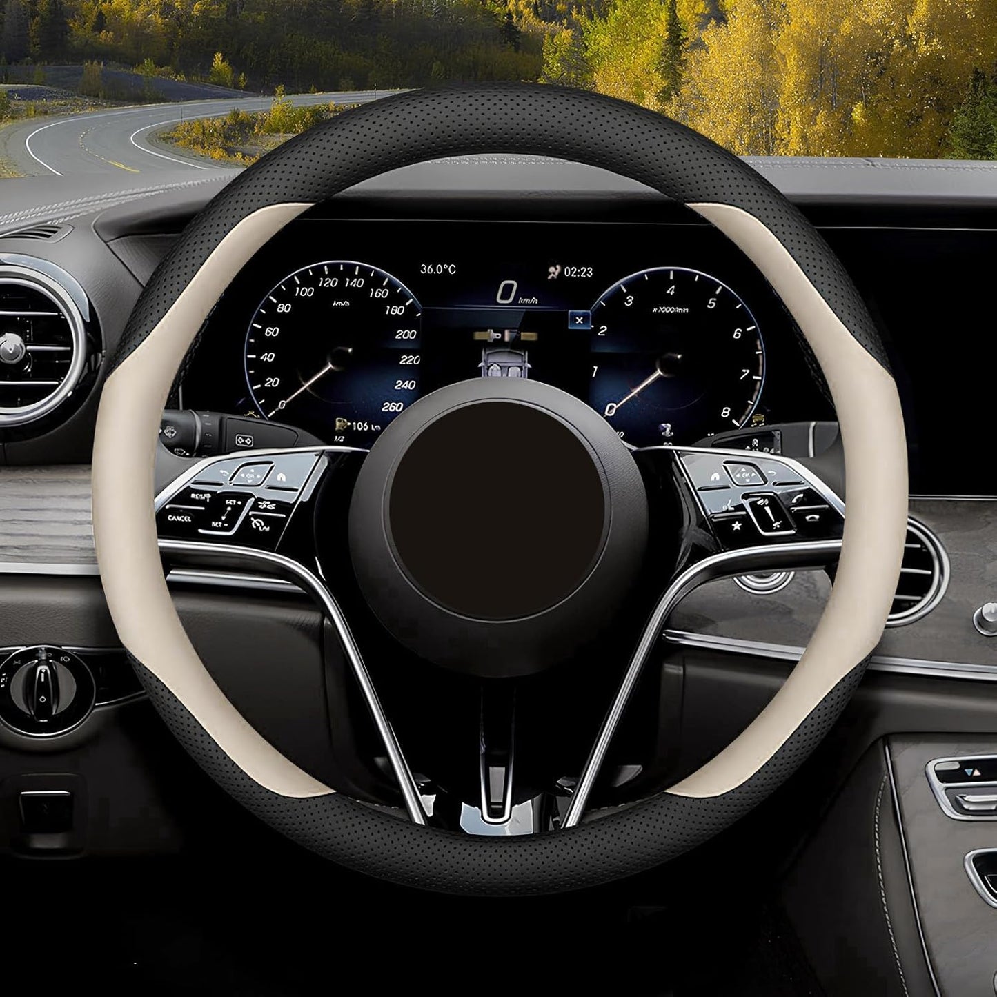 Steering Wheel Cover Standard Size Medium 14.5-15 inch, Breathable Microfiber Leather, Anti-Slip, Soft Grip, Universal Fit for Cars SUVs Trucks, Black and Creamy White