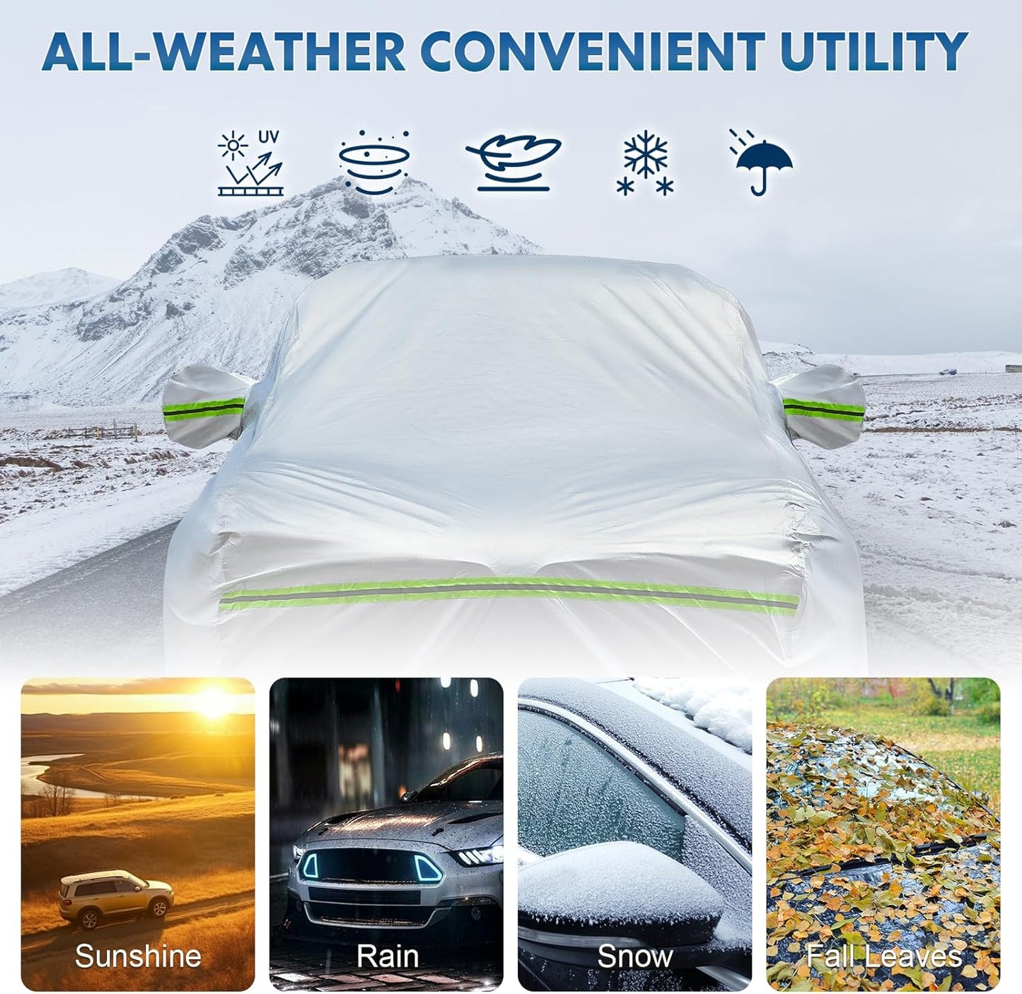 KEYOOG Sedan Car Cover, 6-Layer All-Weather Waterproof, Heavy Outdoor Car Cover, Universal in All Seasons, Snow Protection, Acid Rainproof, Sunscreen, Universally Fit to Sedan (206"-216")- Silvery