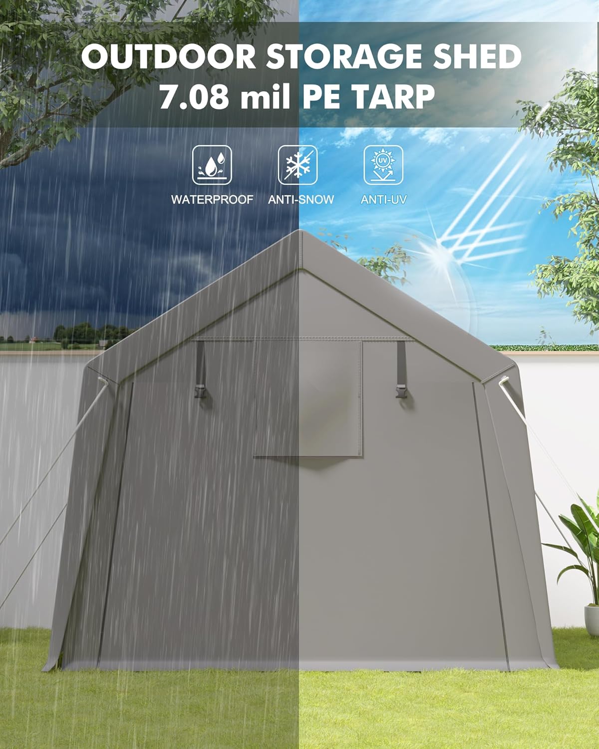 10 x 10 ft Carport Storage Shed, Portable Garage with Roll-up Zipper Door, Heavy Duty Waterproof Tarp, Storage for Motorcycle, Bike, Firewood, Garden Tools