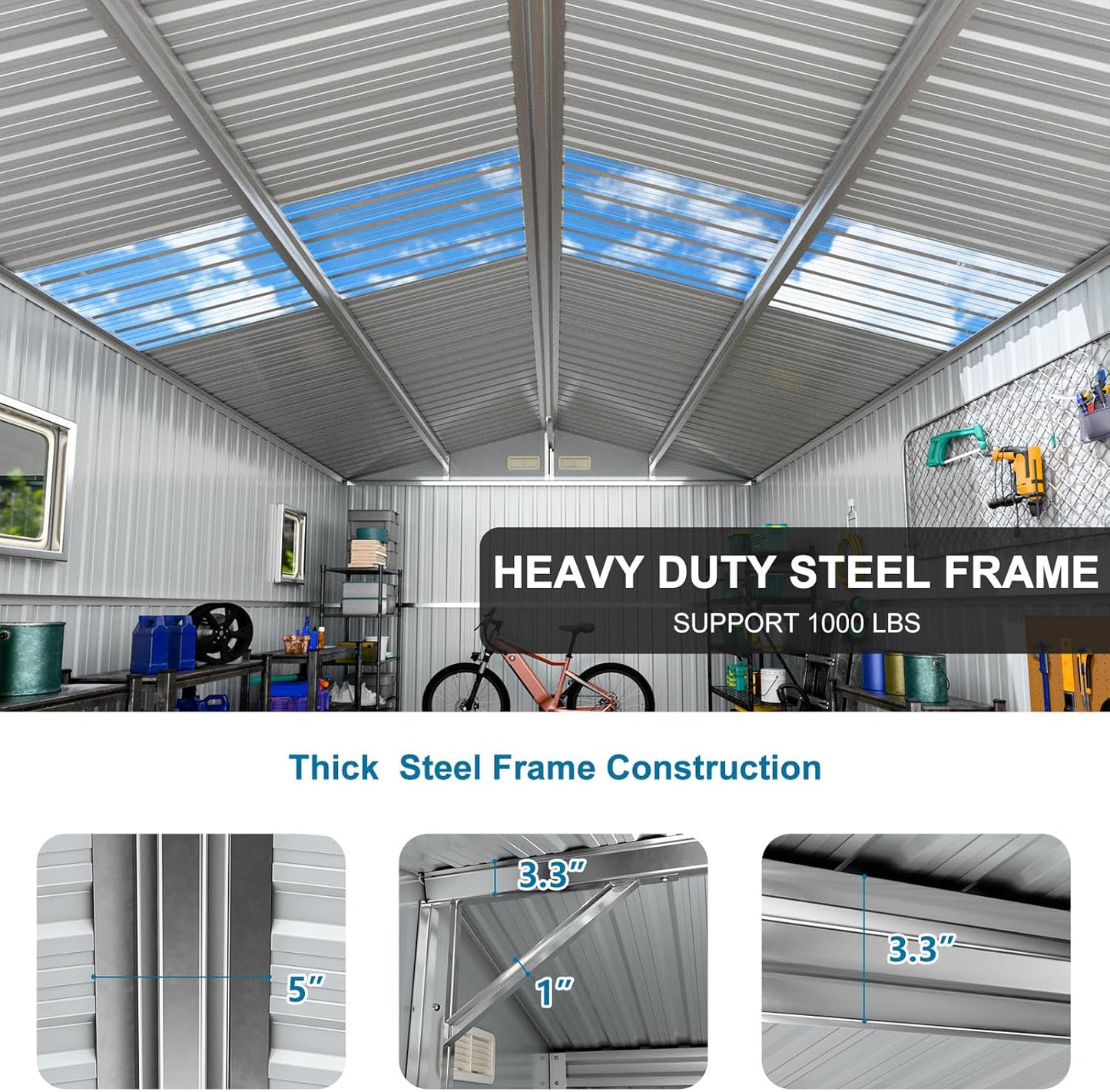 10x10 FT Metal Shed Large Waterproof Outdoor Tools Storage with Clear Roof Windows Air Vent Door for Outside Garden Patio Lawn Backyard to Store Bikes,Lawnmower,Garage,Dark Grey