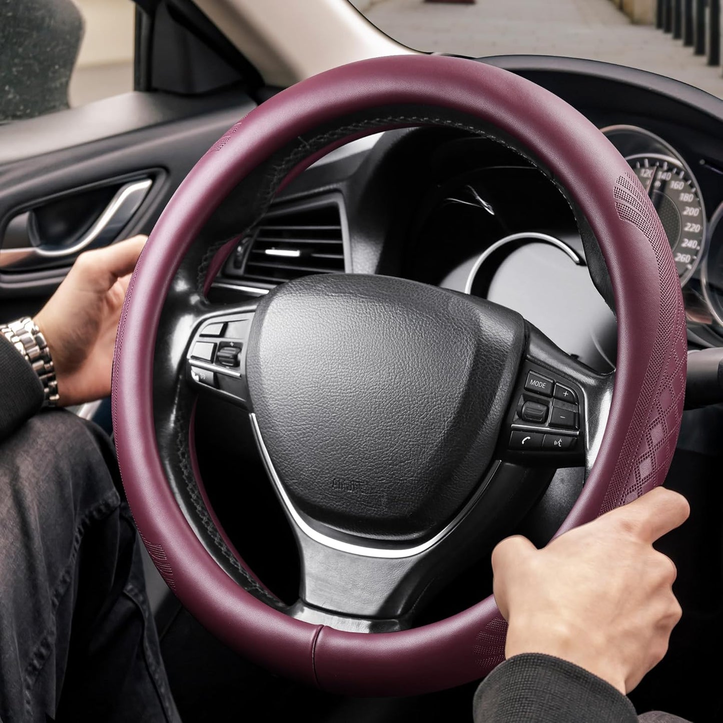 【2025 Model】 High-Grade Real Cowhide Steering Wheel Cover for Men Women，Wine Red Genuine Leather Steering Wheel Cover for Cars,Universal 14.5-15 inch Steering Wheels,Grid & Square Motif