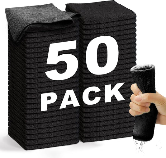Microfiber Cleaning Cloth-50Pcs (13x13 inch) Ultra Soft Highly Absorbent Rags for Cleaning, Reusable and Lint Free Towels for Housekeeping-Machine Wash (Black)