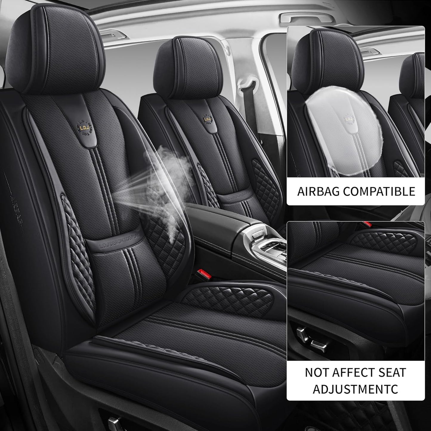 Car Seat Covers Full Set, Black Seat Cover for Cars Compatible Airbag, Easy Install Luxury Leather Automotive Seat Covers with Lumbar Support, for Car, Truck, SUV, Black