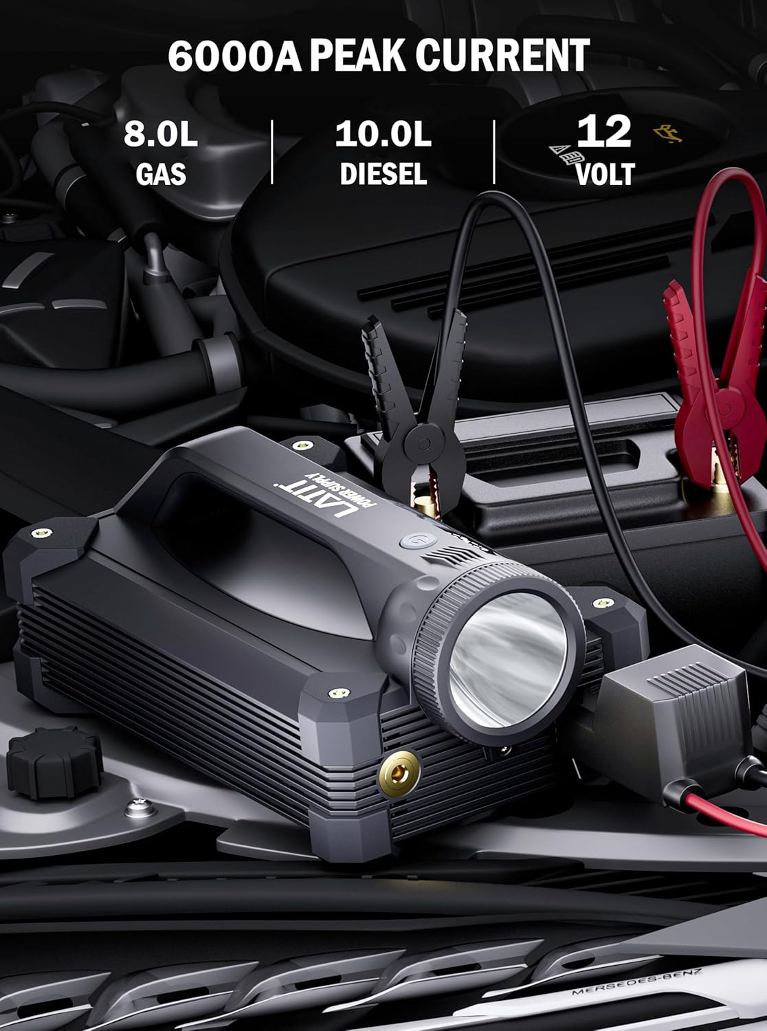 LATIT 6000A Jump Starter with Air Compressor 150PSI 65W Charger, 12V Battery Jumper Starter Pack Portable (10L Gas/8L Diesel), 103.6Wh Jump Box Battery Charger with LCD Display, Lights 2000 LM