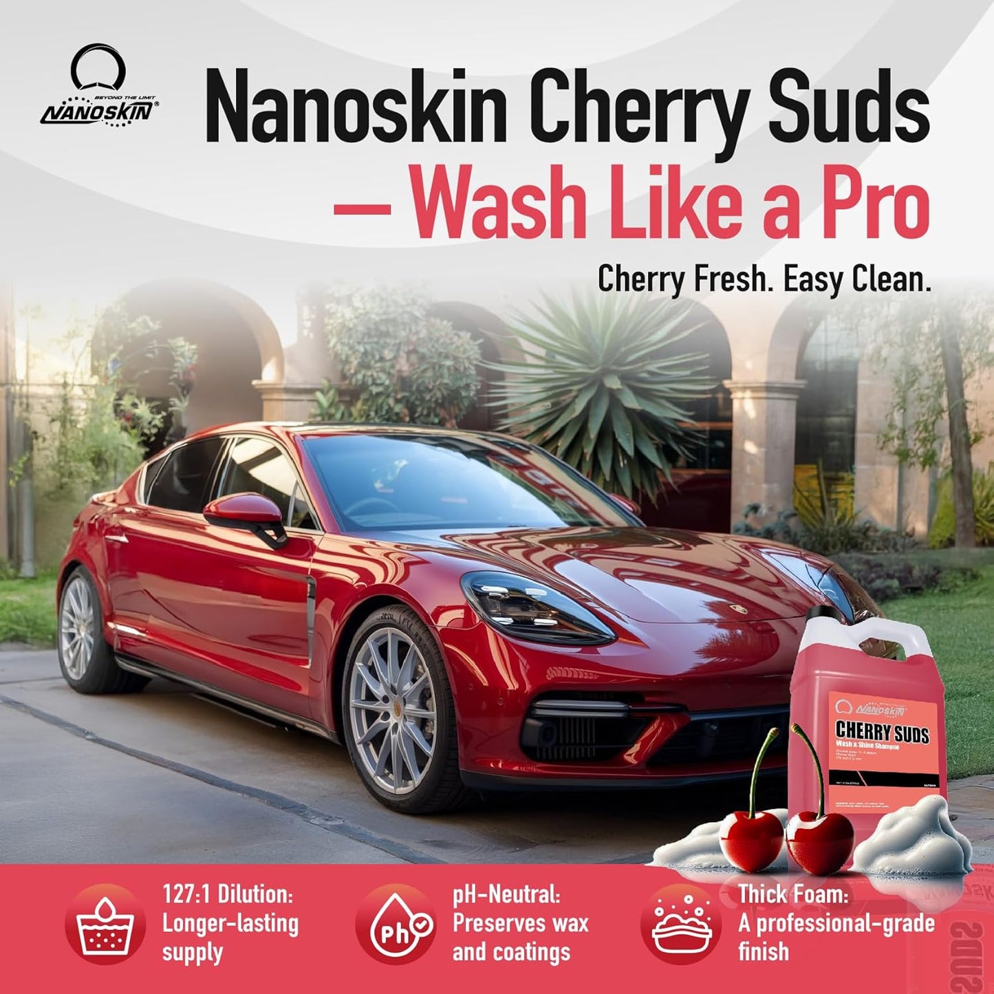 Nanoskin CHERRY SUDS Foaming Car Wash Shampoo 16 Oz. - Works with Foam Cannon, Foam Gun, Bucket Washes, Car Soap for Pressure Washer | Safe for Cars Trucks, Motorcycles, RVs & More | Cherry Scented