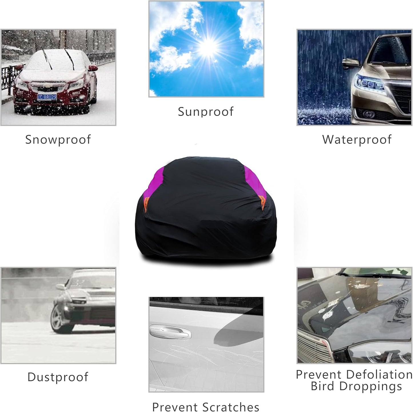 MORNYRAY Waterproof Car Cover All Weather Snowproof UV Protection Windproof Outdoor Full car Cover, Universal Fit for Sedan (Purple, A0-Fit Sedan Length(Up to 153 inch)