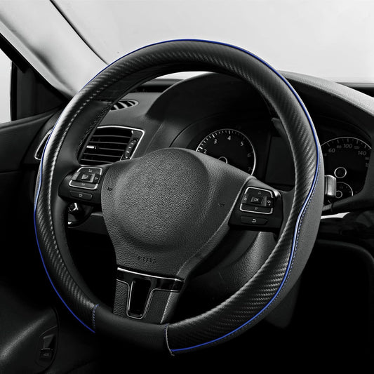PIC AUTO Steering Wheel Cover, Blue Piping Leather, Sports Carbon Fiber and Super Breathable Leather, Universal 14.5-15.5 Inch Anti-Slip Steering Wheels Accessories for Men & Women