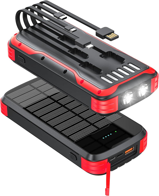 Solar Charger Power Bank, 40000mAh Portable Phone Charger Built in 4 Cables with USB C in/Output, PD 20W Fast Charging Portable Charger, External Battery Pack with Dual Bright Flashlights