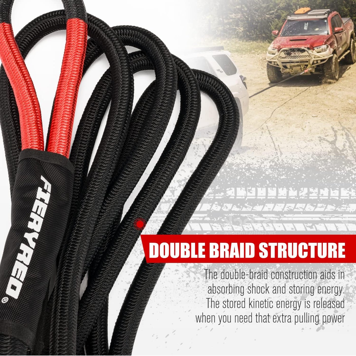FieryRed Kinetic Energy Recovery Rope 30FT 7/8 Inch- Power Stretch Snatch Strap Vehicle Tow Rope with Reinforced Loops Protective Sleeve Tote Bag for Off-Road 4x4 ATV UTV Pickup