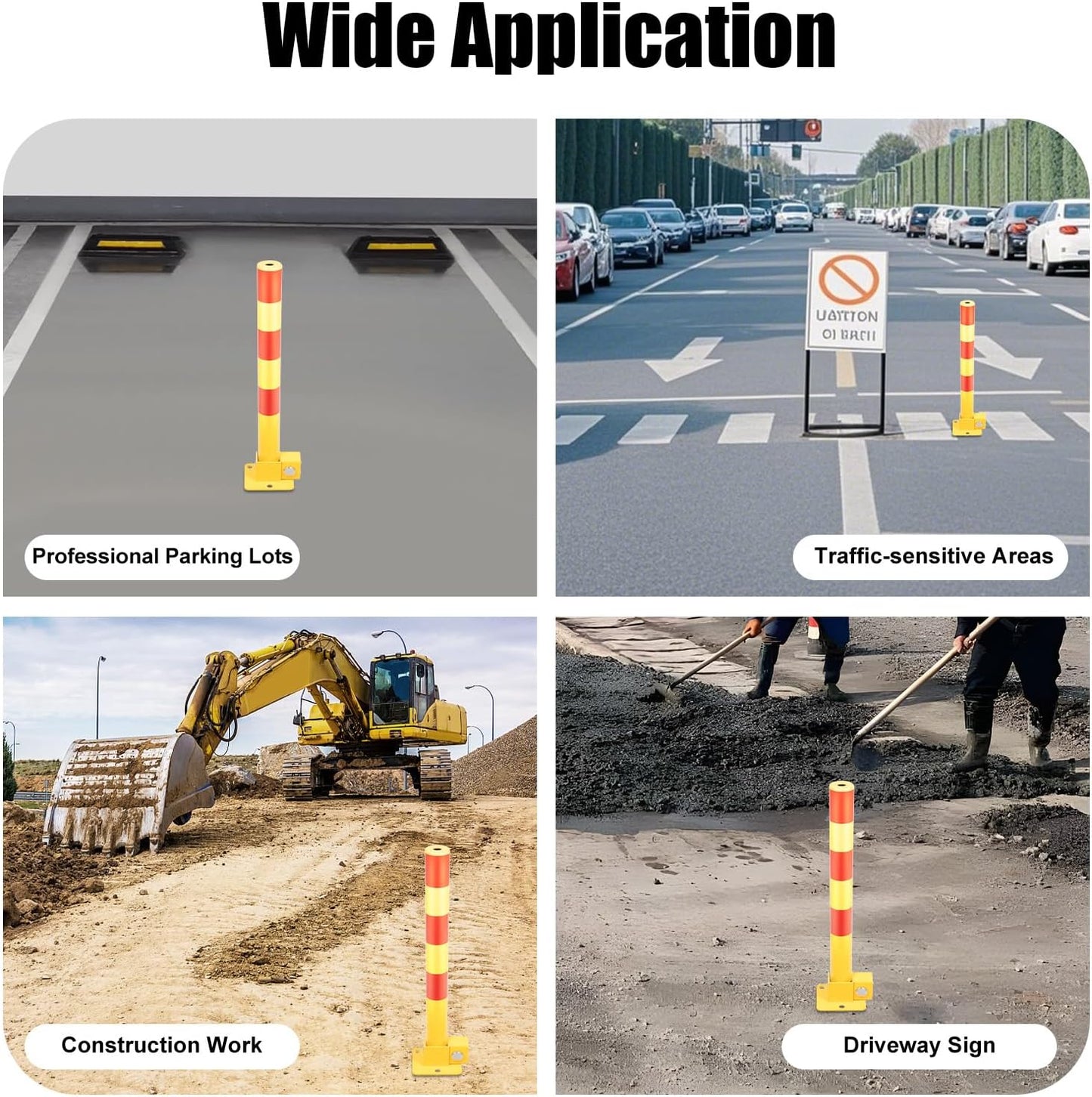 23In Q195 Iron Pipe Safety Bollard Yellow & Red Parking Barrier, Automatic Locking Folding Metal Post with Warning Stripes for Lots, Storefronts, Entrances