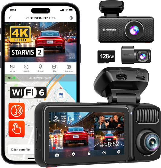 REDTIGER F17 Elite 4K 3 Channel Dash Cam, STARVIS 2 IMX678 & IMX675, 128GB Card, Full Night Color, 4K+2.5K+1080P Front and Rear Inside, Touch Screen, Voice Control, 5GHz WiFi 6, GPS, HDR, Parking Mode