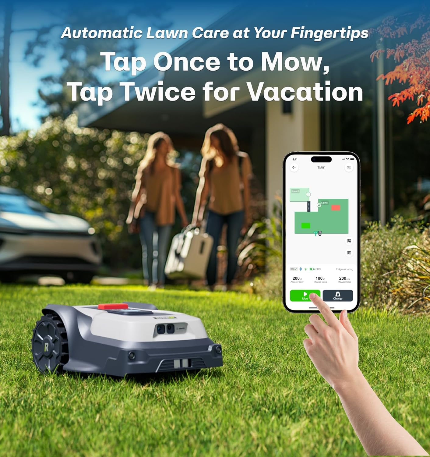 Robot Lawn Mower No Wire T1200Pro 2025 with L-Shape Wall Mount Rod, Automatic Robot Mower, Ride-on Edge Mowing, Multiple Zones Management, AI Obstacle Avoidance, for Lawn Up to 0.37 Acre