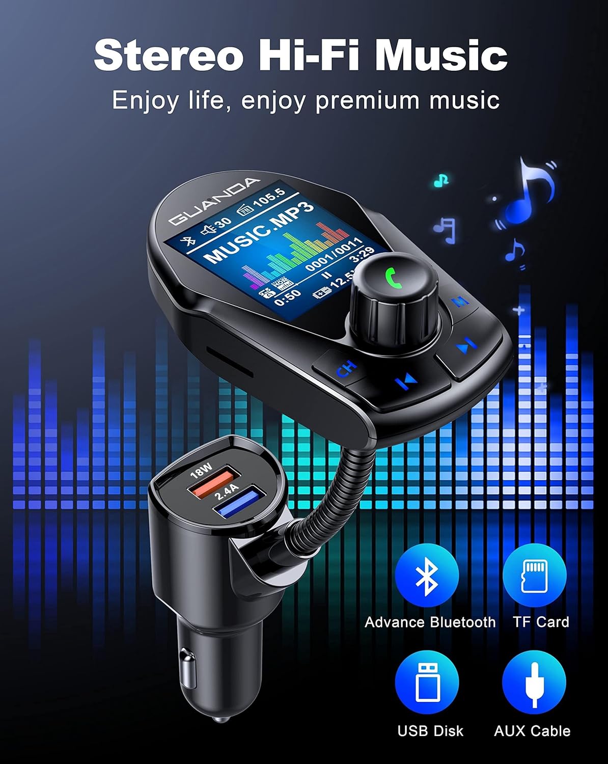 Bluetooth FM Transmitter (Upgraded Version) in-Car Wireless Radio Adapter Kit W 1.8" Color Display Hands-Free Call Fast Charging 18W and Smart 2.4A Dual USB Ports, TF Card MP3 Player
