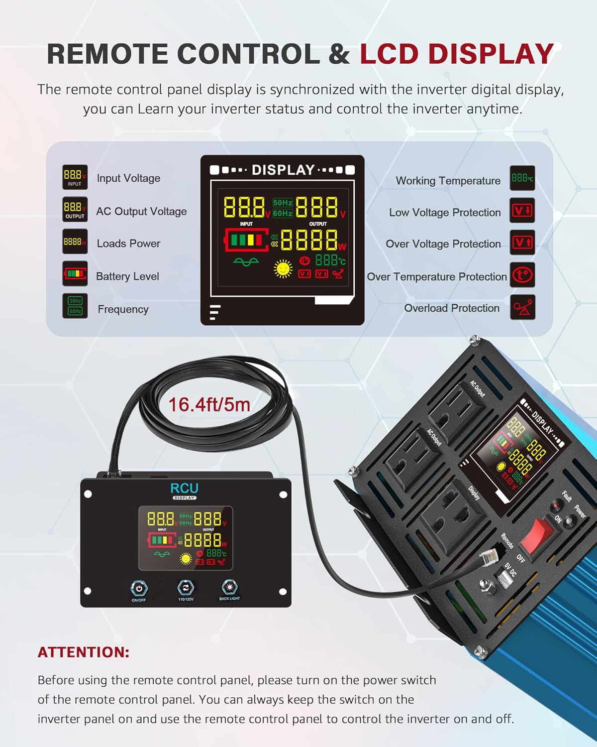 Power Inverter 2500 Watt Pure Sine Wave 12V DC to 110V/120V AC 5000W Peak Converter for Family RV Off Grid Solar System with 3 AC Outlets LCD Display Remote Control and 2.4A USB Charging Port