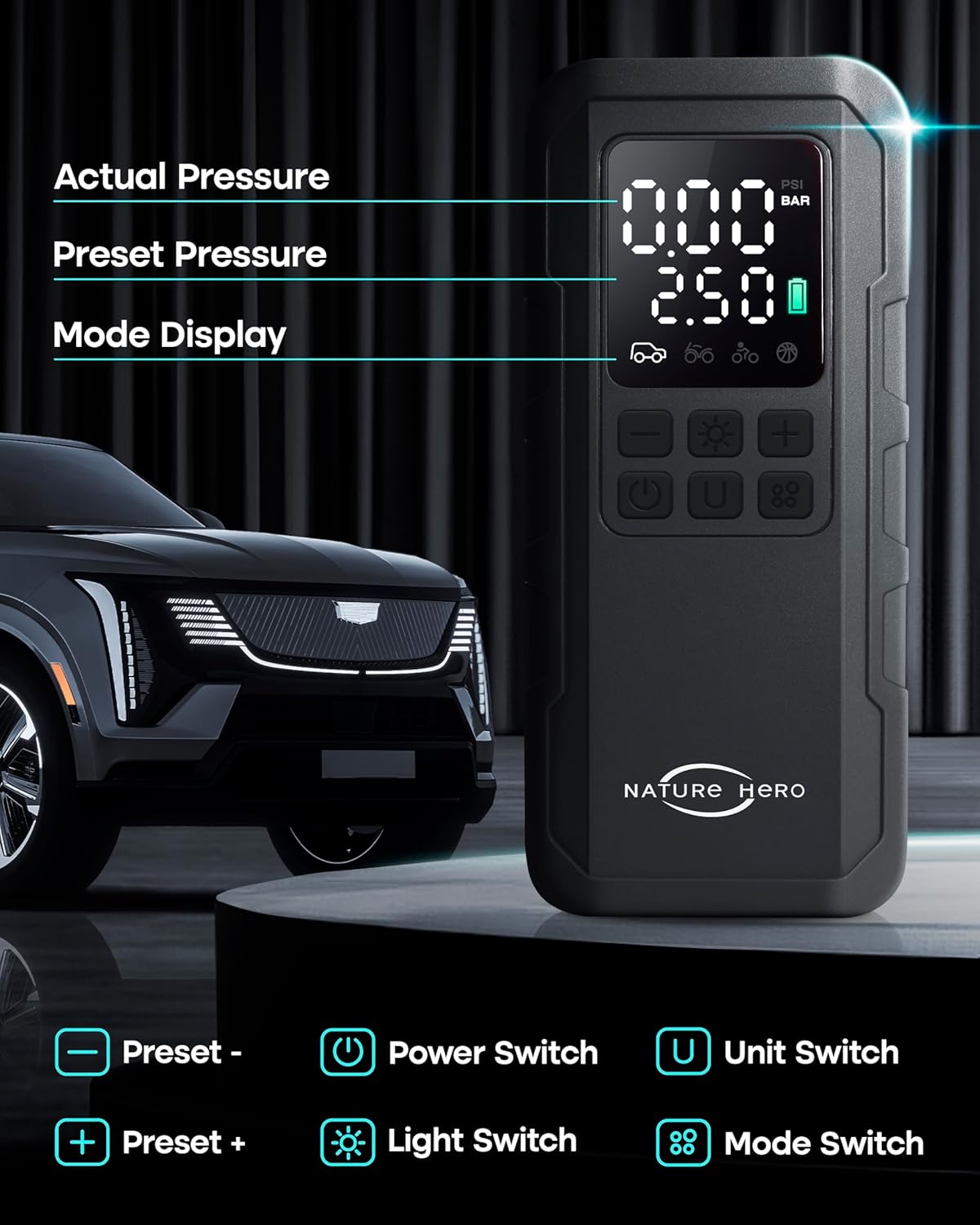 Tire Inflator Portable Air Compressor and Power Bank - 150PSI Compressor Portable Tire Inflator for Car, Motorcycle, Bicycle, Balls - Car Air Pump，Black