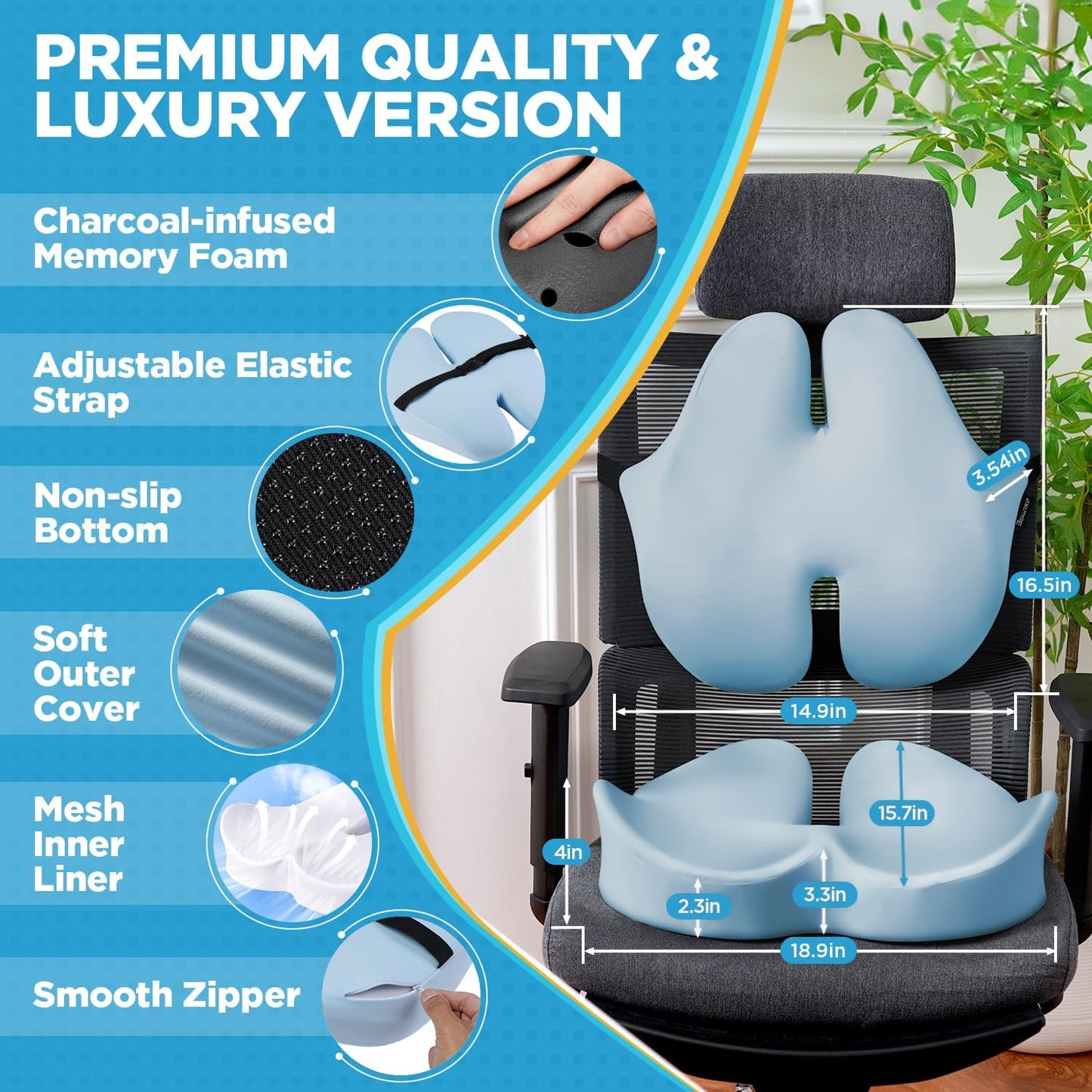 BEAUTRIP Seat Cushion & Lumbar Support Pillow for Office Chair, Car & Wheelchair - Ergonomic Coccyx Cushion for Tailbone, Sciatica & Back Pain Relief - Extra-Dense Charcoal Memory Foam Chair Cushions