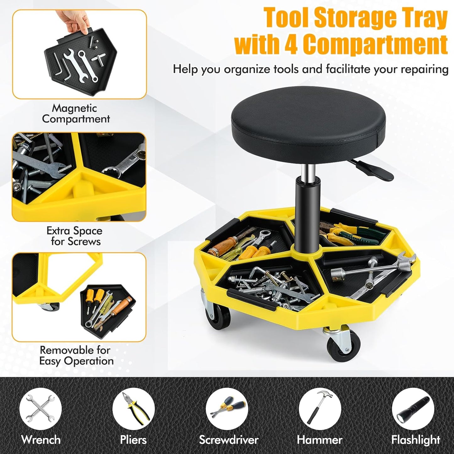 Adjustable Mechanic Rolling Stool, Pneumatic Rolling Stool with Wheels, Tool Storage Tray & Padded Seat Cushion, Garage Stool Chairs Creeper Seat (Yellow)