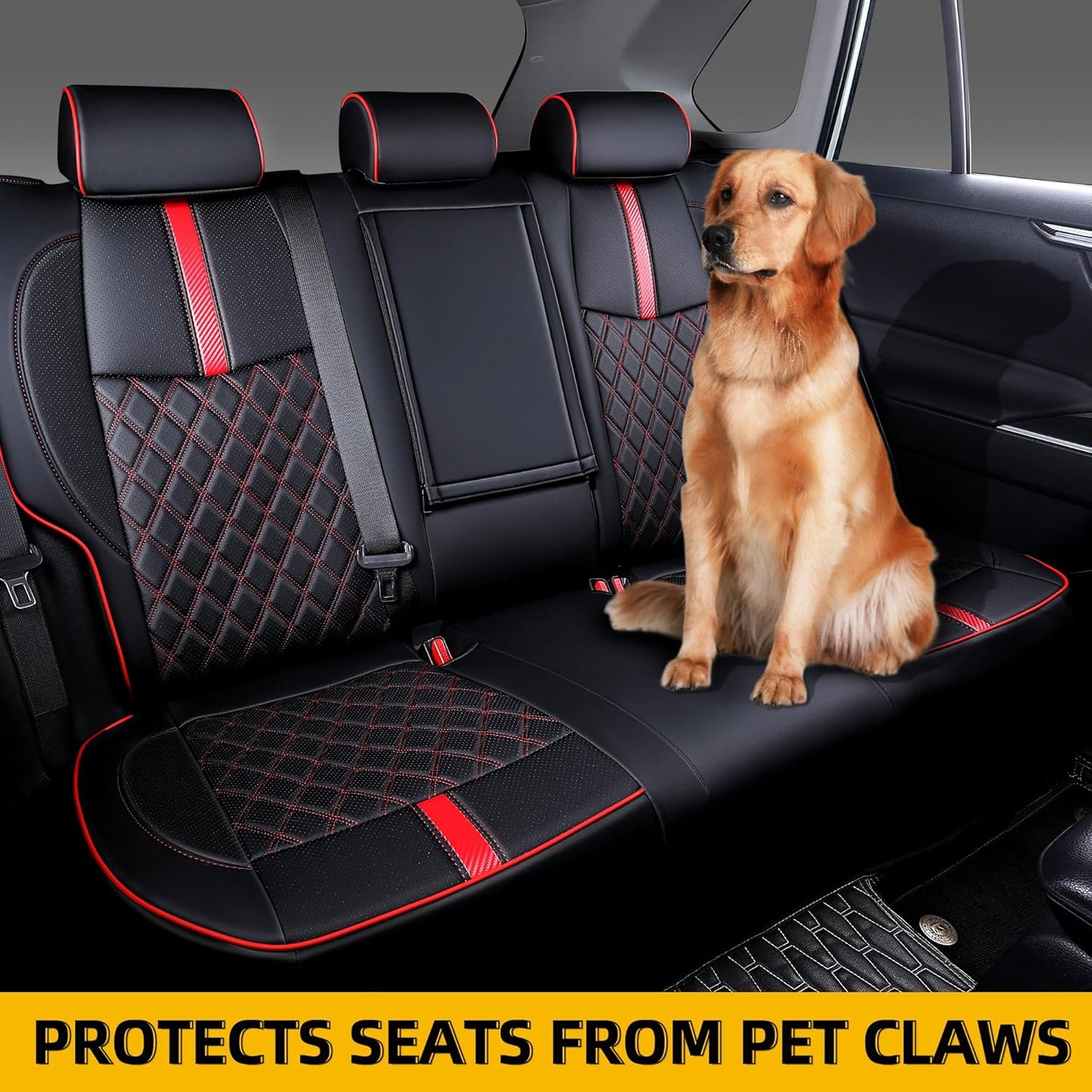 Custom Fit RAV4 Seat Covers for 2019-2025 Toyota RAV4 LE,XLE,XLE Premium,Limited Full Coverage Waterproof Leather Car Seat Covers Full Set (Black with Red Trim)