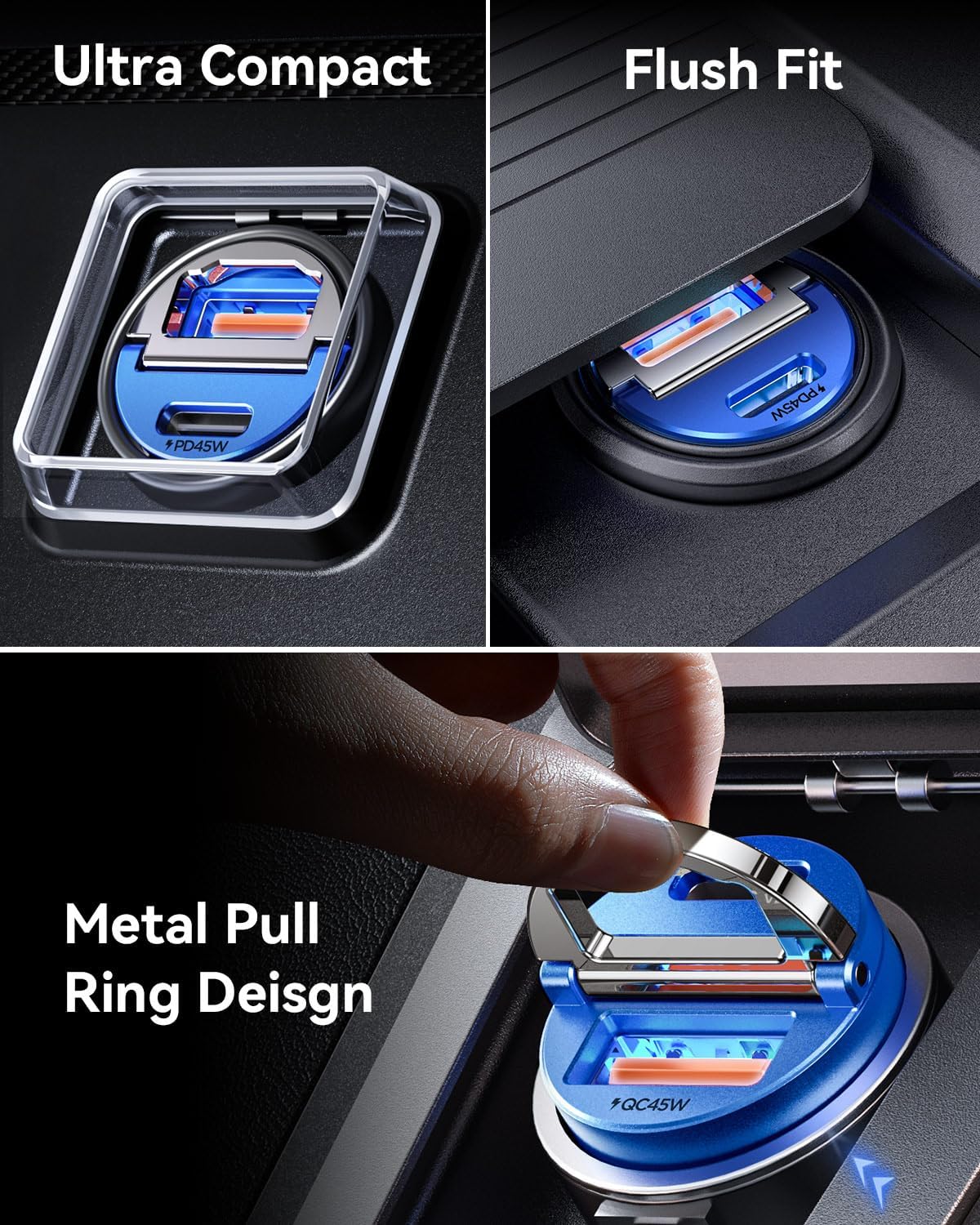 MRGLAS 90W USB C Car Charger Fast Charging, [Smallest Metal] Dual Port PD45W+QC3.0 Cigarette Lighter Adapter for iPhone 16 Pro Max 15 iPad Samsung S25 - Blue